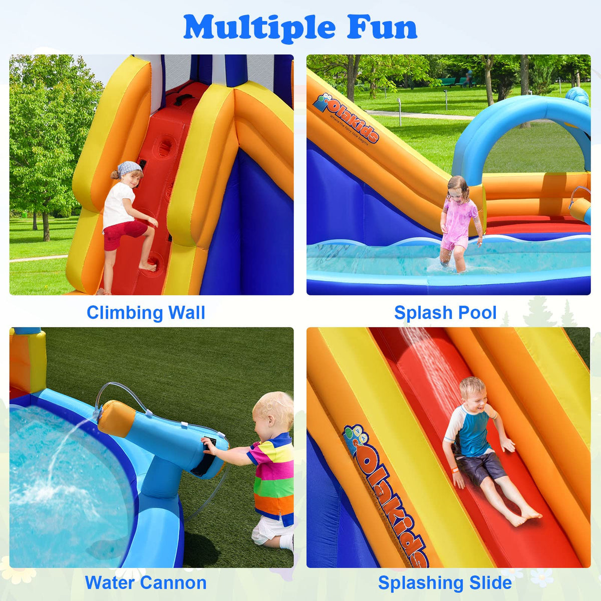 OLAKIDS Inflatable Water Slides, 14FT x 10FT x 8.5FT Shark Theme Bouncy House with Slide, Splash Pool, Climbing Wall, Water Gun, Outdoor Jumping Castle with Hose Carry Bag Stakes