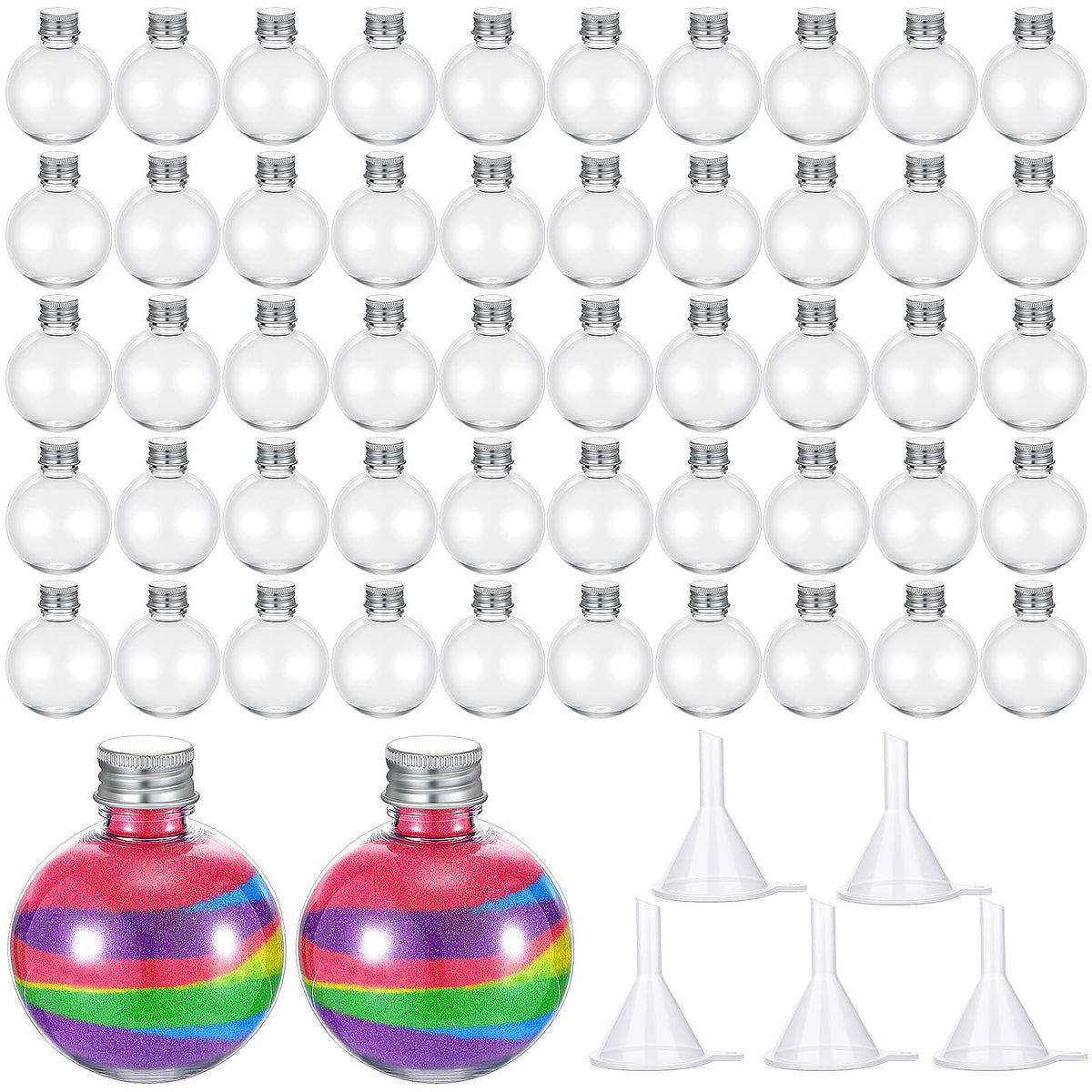 Hsei 50 Pcs Plastic Sand Art Bottles and 5 Mini Funnels Round Clear Potion Bottles Candy Jars for Liquor Birthday Decoration DIY Art Crafts Gift, Without Sand(Round Bulb)