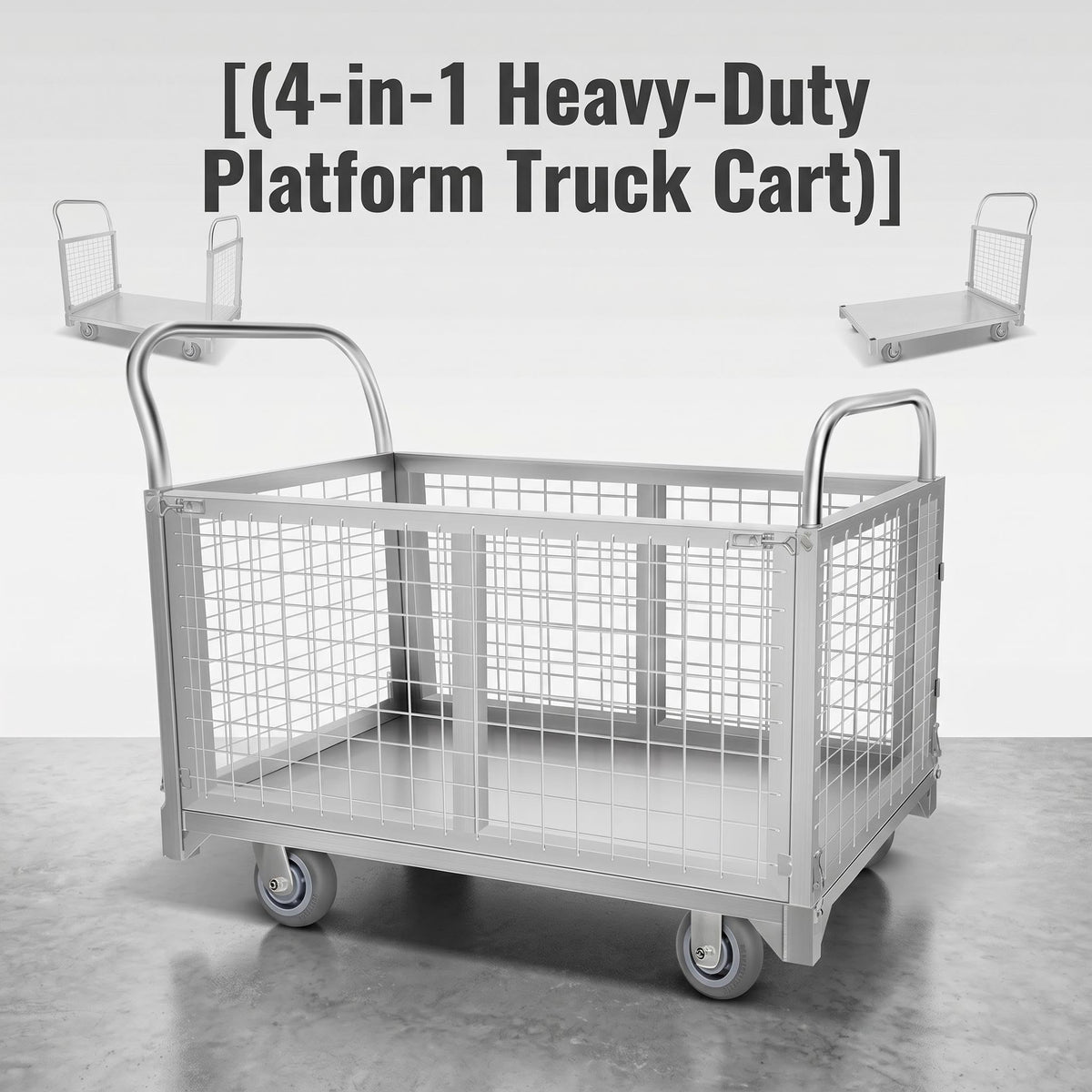 Platform cart, with cage, 4-in-1 Multi-Purpose Rolling Heavy-Duty cart, Rollable Folding cart, Load Capacity 2200 pounds, pushcart with 4 Wheels, Used in Grocery Stores,garages, Warehouses (Silver)