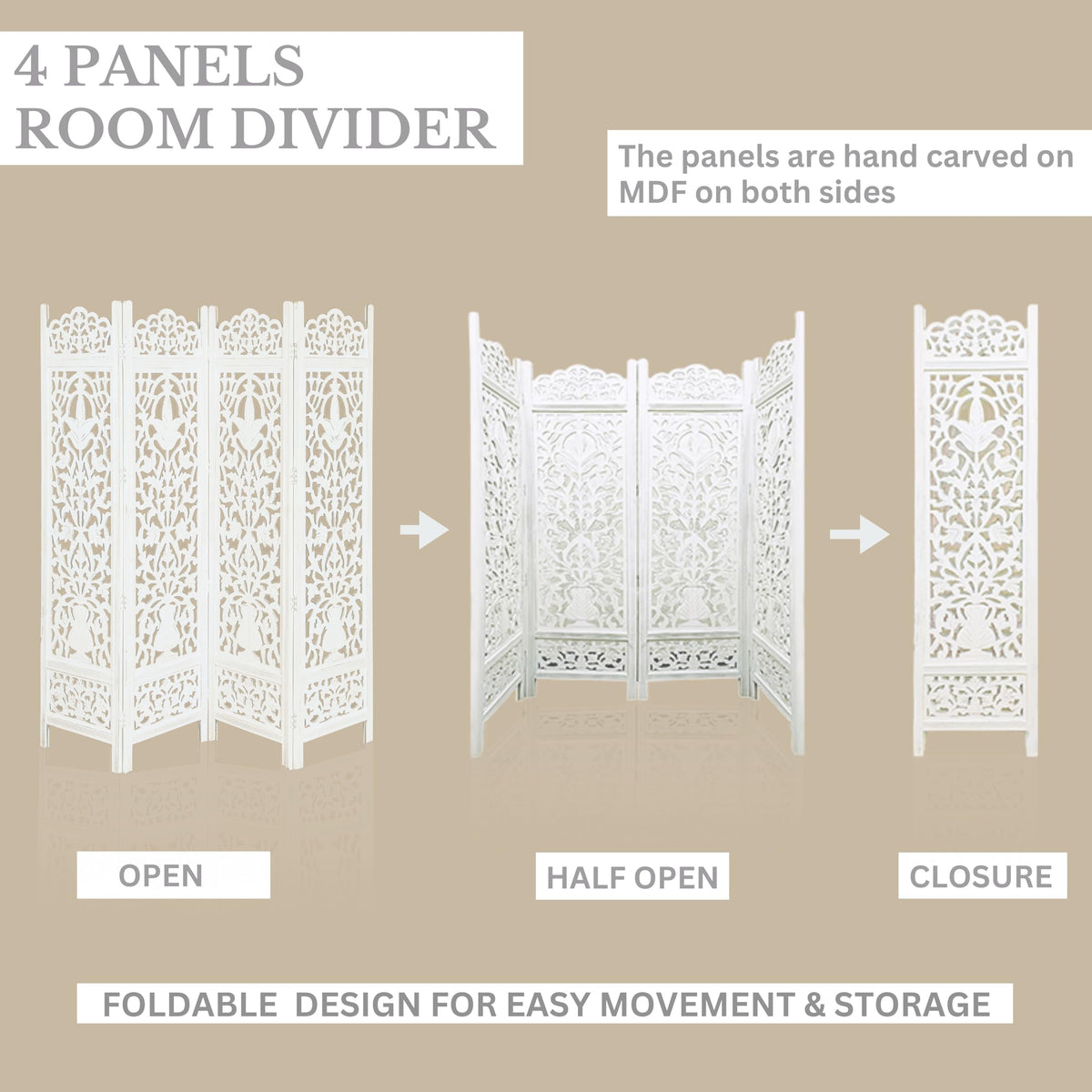 Lightnpro 4-Panel Wooden Room Divider 72"×72" - Hand-Carved Floral Folding Privacy Screen | Pre-Assembled Large Decorative Partition for Living Room, Bedroom, Office & Boho Home Décor - Antique White