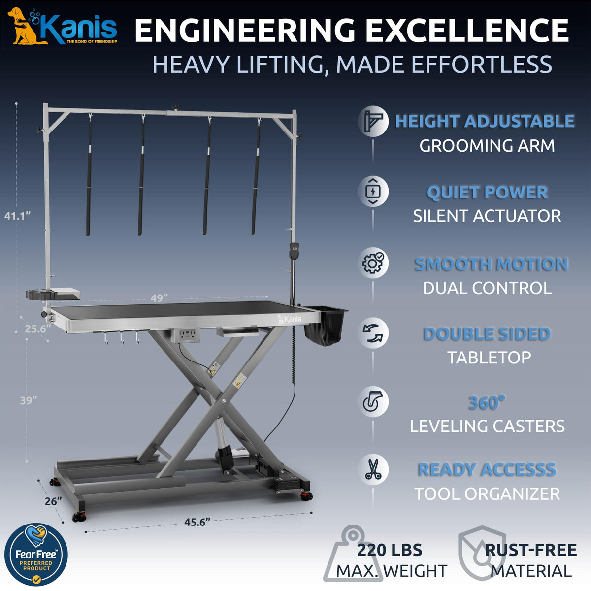 KANIS Professional Electric Dog Grooming Table - Heavy Duty, Height Adjustable Pet Grooming Table w/Leveling Wheels, Dog Grooming Arm, Anti-Slip Tabletop & Tool Organizer (Grey, 49")