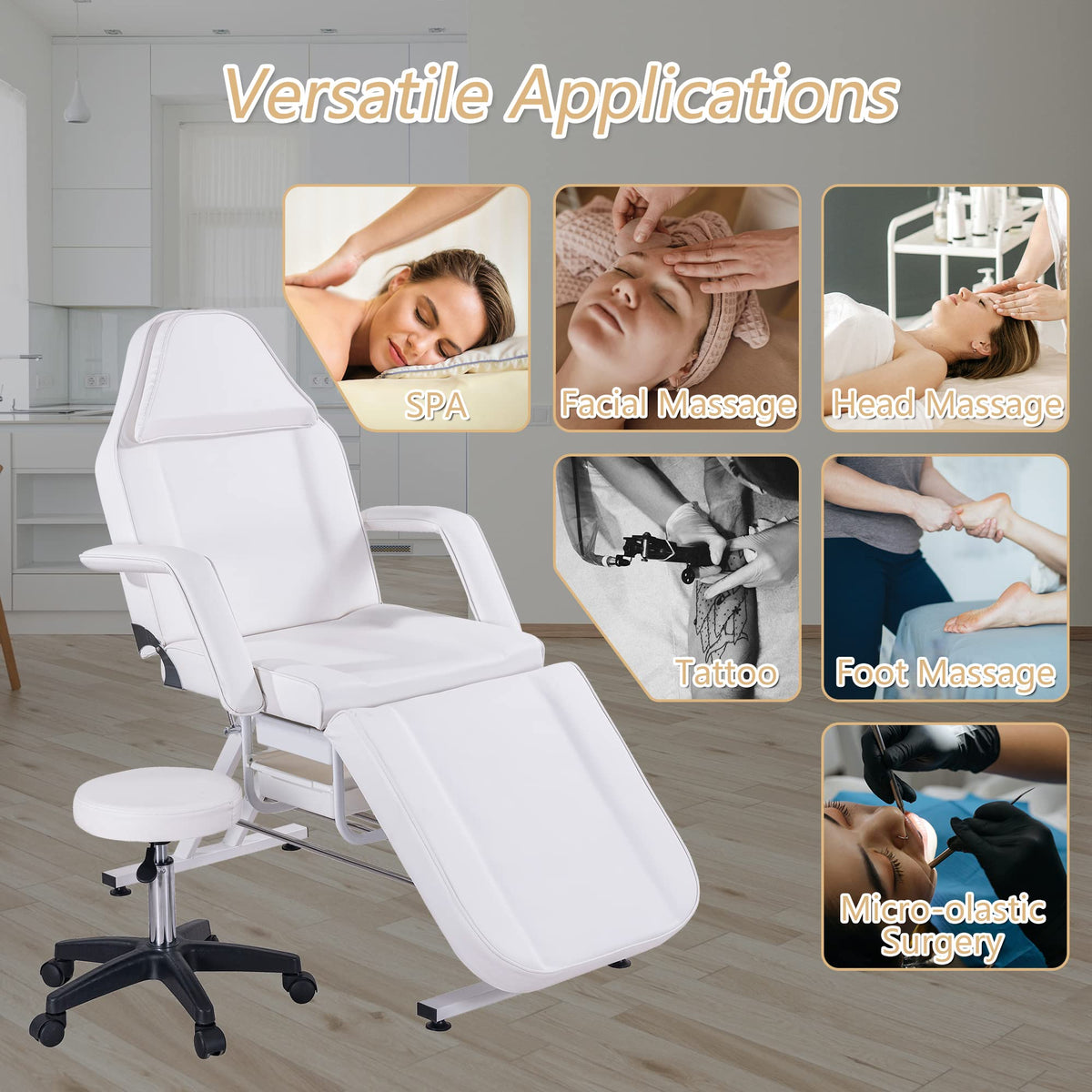 Amacv Massage Salon Tattoo Chair with Two Trays Esthetician Bed with Hydraulic Stool,Multi-Purpose 3-Section Facial Bed Table, Adjustable Beauty Barber Spa Beauty Equipment, White