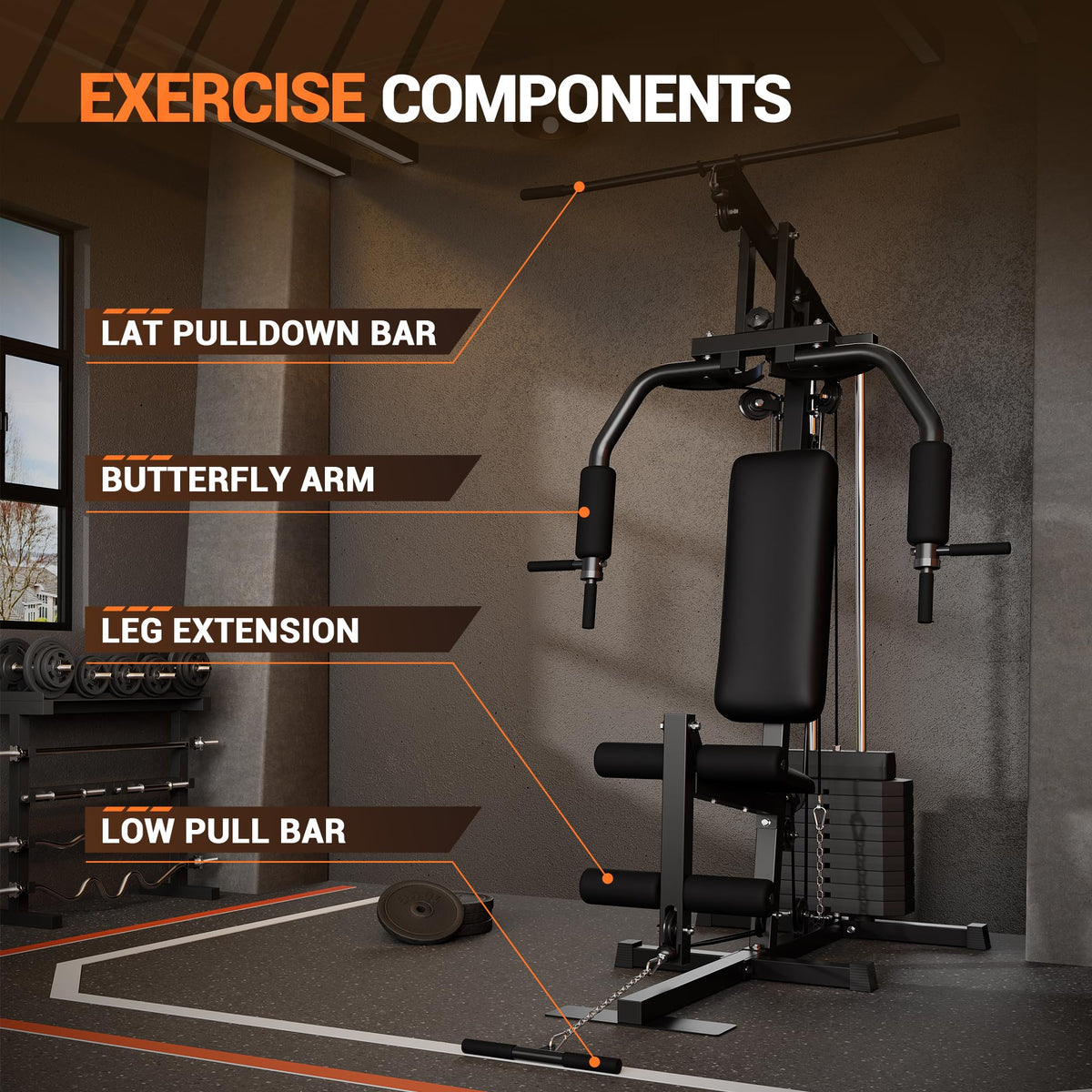 Home Gym Equipment, Multifunctional Workout Station with 100LBS Weight Stack, Home Gym Machine for Full Body Traning with LAT Pulldown System