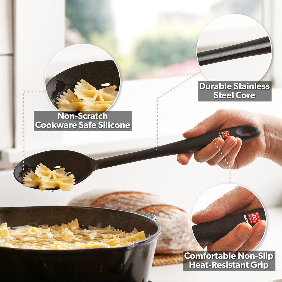 DI ORO Silicone Spoons for Cooking - Large Kitchen Spoons for Mixing, Serving, & Stirring - 600°F Heat-Resistant Non Stick Utensils – Big Solid & Slotted - Dishwasher Safe (2pc, Black)