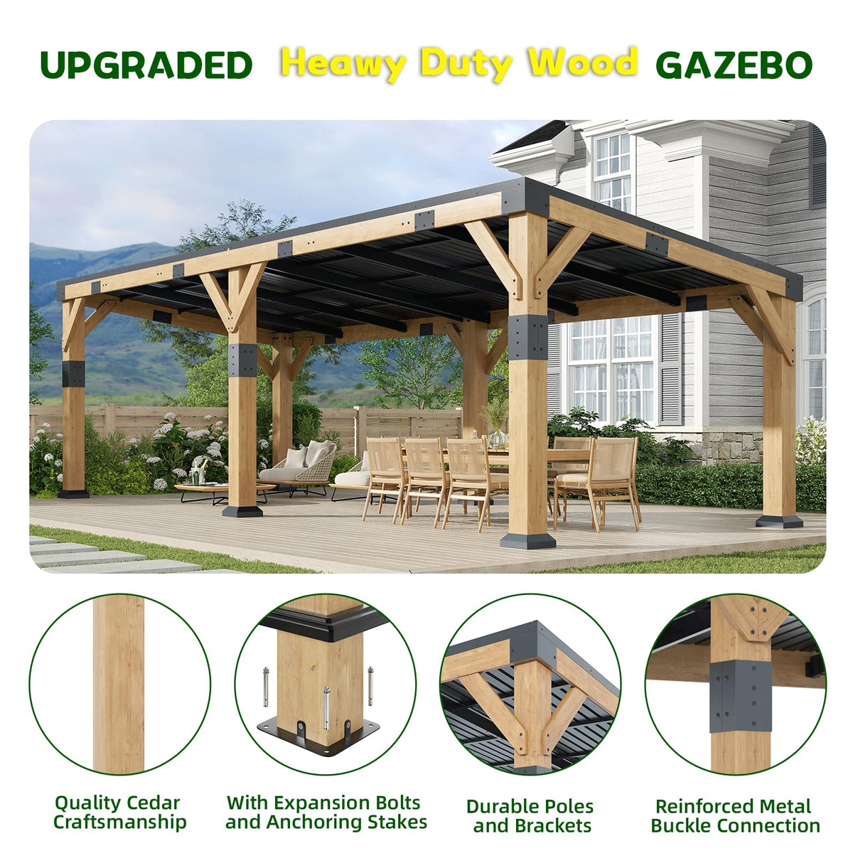 GOHONEI10x22 ft Cedar Wood Gazebo with Sloped Galvanized Steel Roof, Hardtop Gazebo Pavilion with Durable, Rot-Resistant Construction, Permanent Outdoor Pergola for Backyard, Garden & Deck