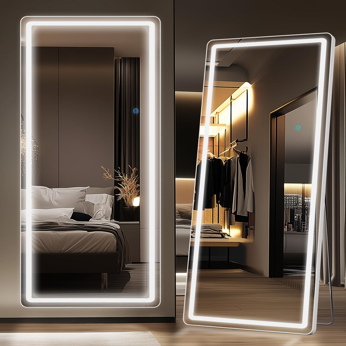 LadyNow LED Full Length Mirror, 76" x 34" Rect Style, Floor Standing or Wall Hanging, Lighted, Aluminum Frame