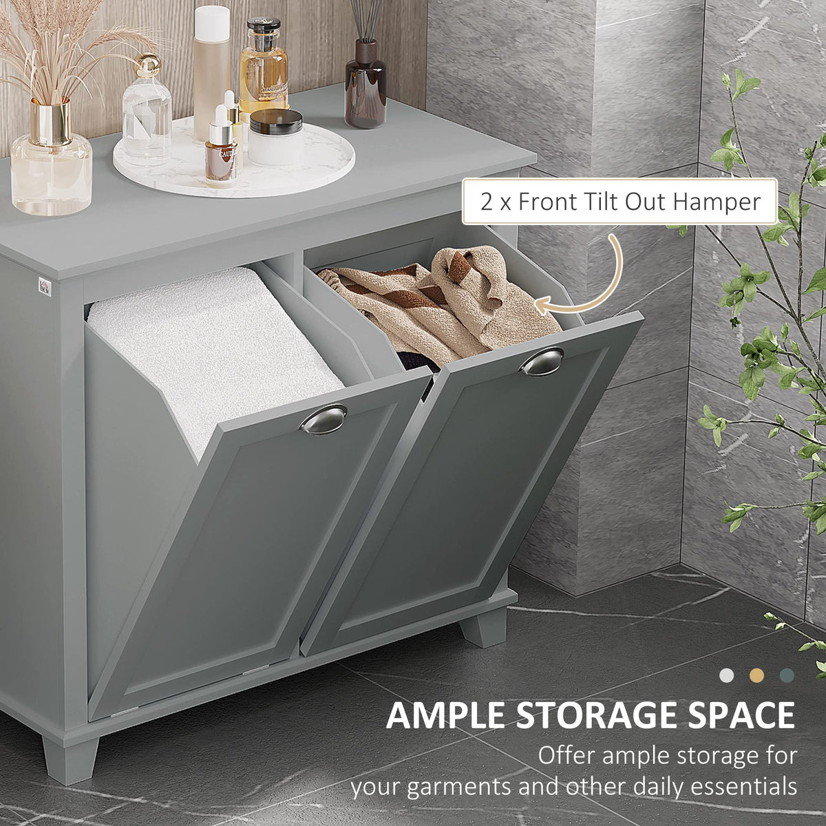 agnixnaf Laundry Sorter Cabinet,Bathroom Storage Organizer with Two-Compartment Tilt-Out Hamper,Gray