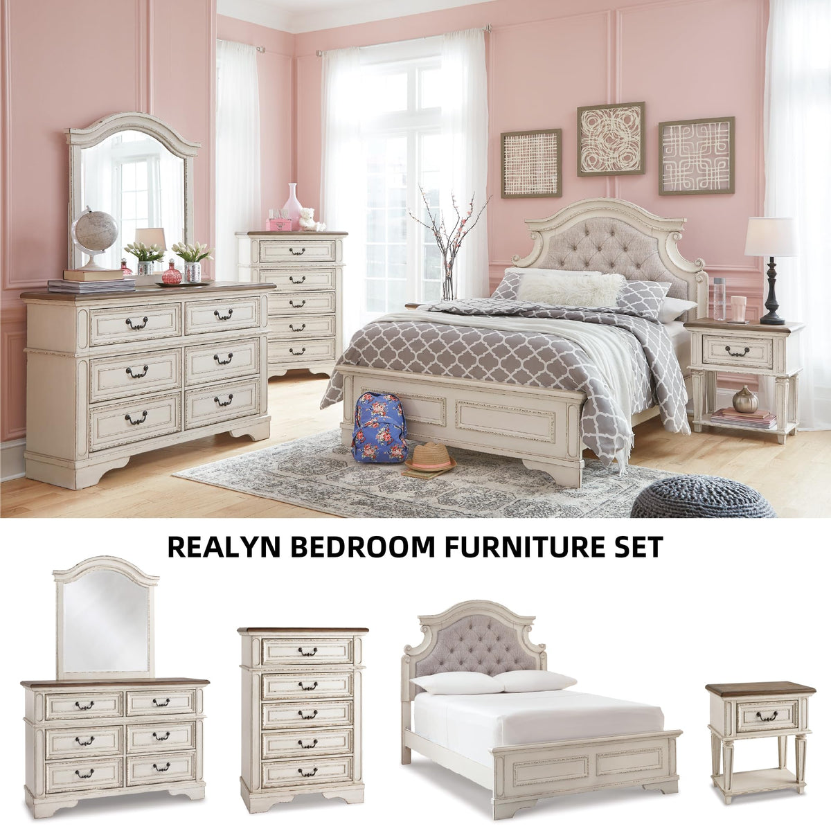 Signature Design by Ashley Realyn Traditional Cottage 1 Drawer Nightstand with Dovetail Construction & Open Display Shelf, Chipped White, 27" Tall, Distressed Brown