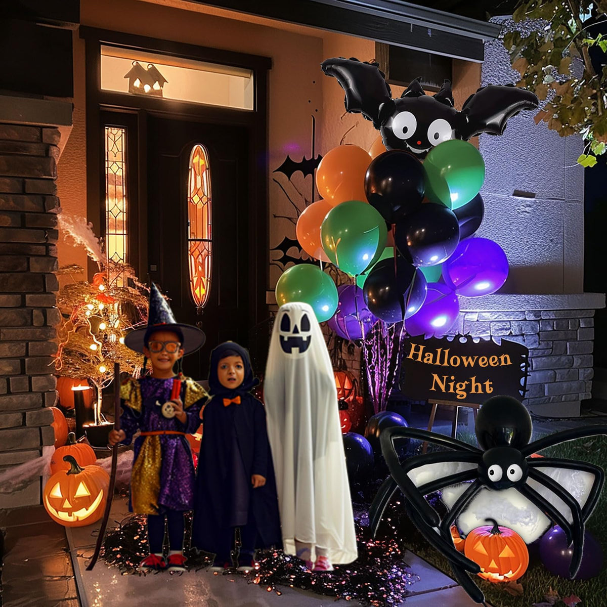 Halloween Balloon Garland Arch Kit 100+pcs Orange and Black Purple green balloons with Spooky Bat Pumpkin foil Balloons spider web for fall Halloween Party spooky-themed birthday Decorations