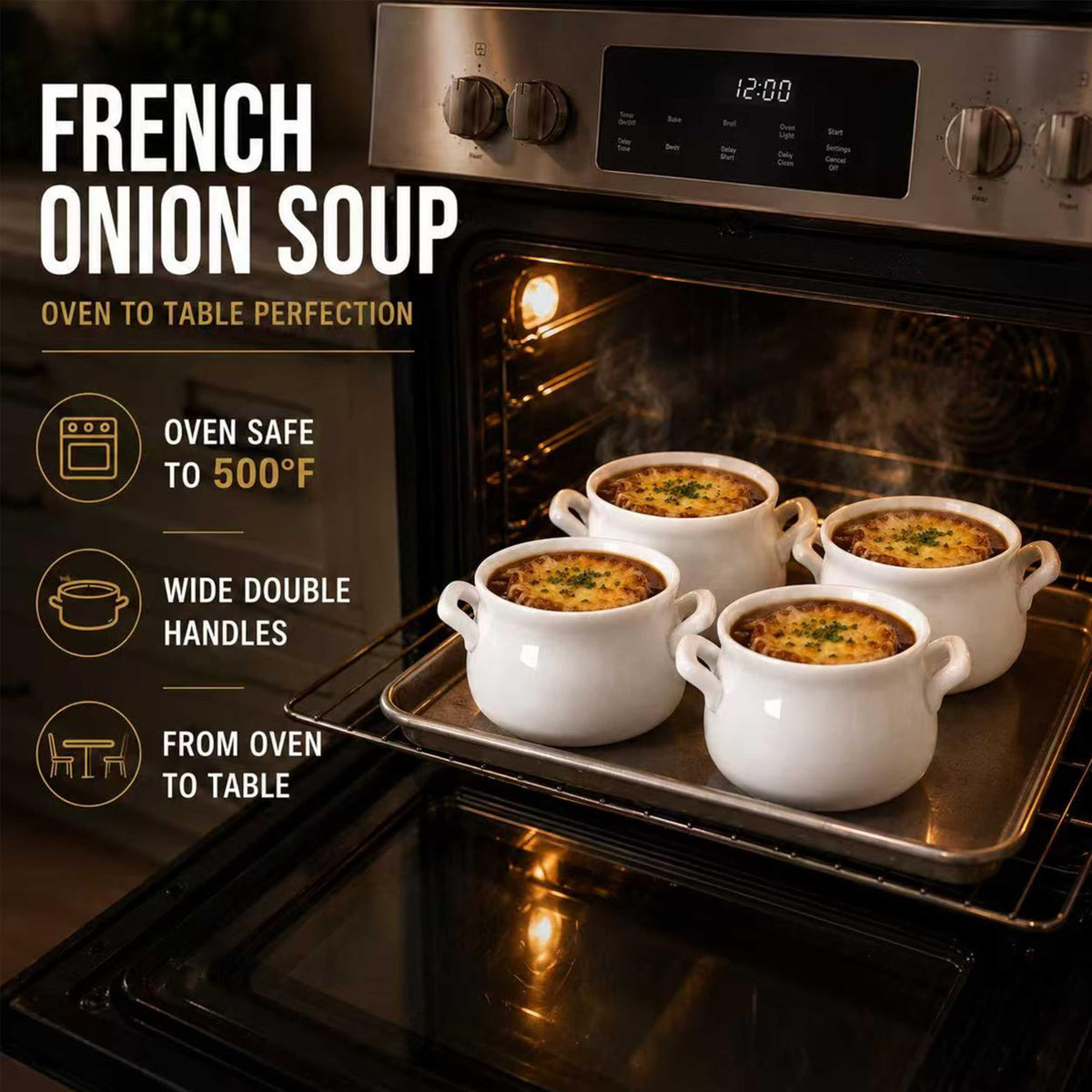 20oz French Onion Soup Bowls with handles Set of 4, 2 Mitts & 4 Spoons Included, Ceramic Oven Safe,Perfect for Soups, Chicken, Vegetable, Beef, Oatmeal, Chili, Corn, Clam, Pumpkin & More (White)