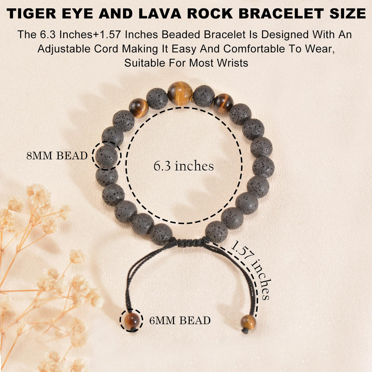 Aluckiss 8mm Adjustable Tigers Eye Bracelet for Men Women Round Volcanic Stone Beaded Bracelets Jewelry Natural Gemstone Handmade Polishing Energy Stone Protection Bracelet for Spiritual Healing Meditation Yoga