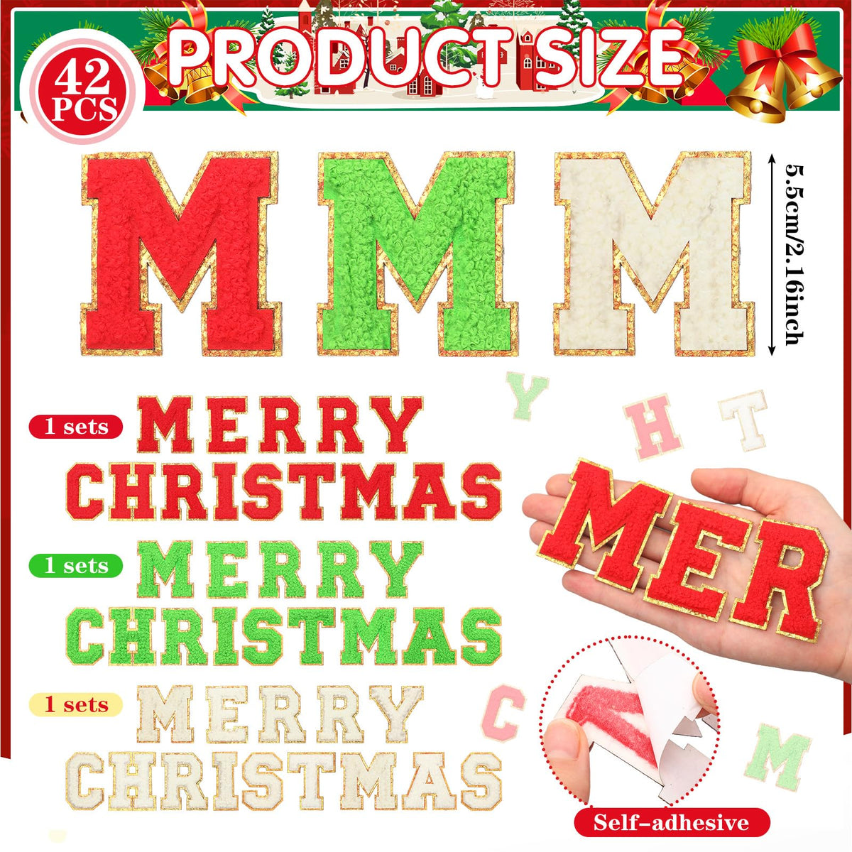 Suncalla 42 Pcs Merry Christmas Self Adhesive Red Green White Iron on Patches 2.1 Inch Sew on Chenille Letter Xmas Chenille Embroidered Applique Patches for Crafts DIY Decor