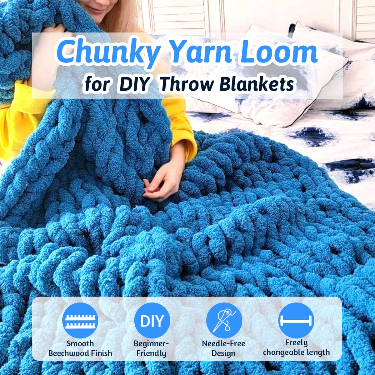 parknshop Upgraded Chunky Knit Loom (48"/60") - Premium Beech Wood Large Blanket Knitting Loom with Screw Fastening, No-Needle DIY Weaving Board for Beginners, Scarves & Handmade Blankets (48")