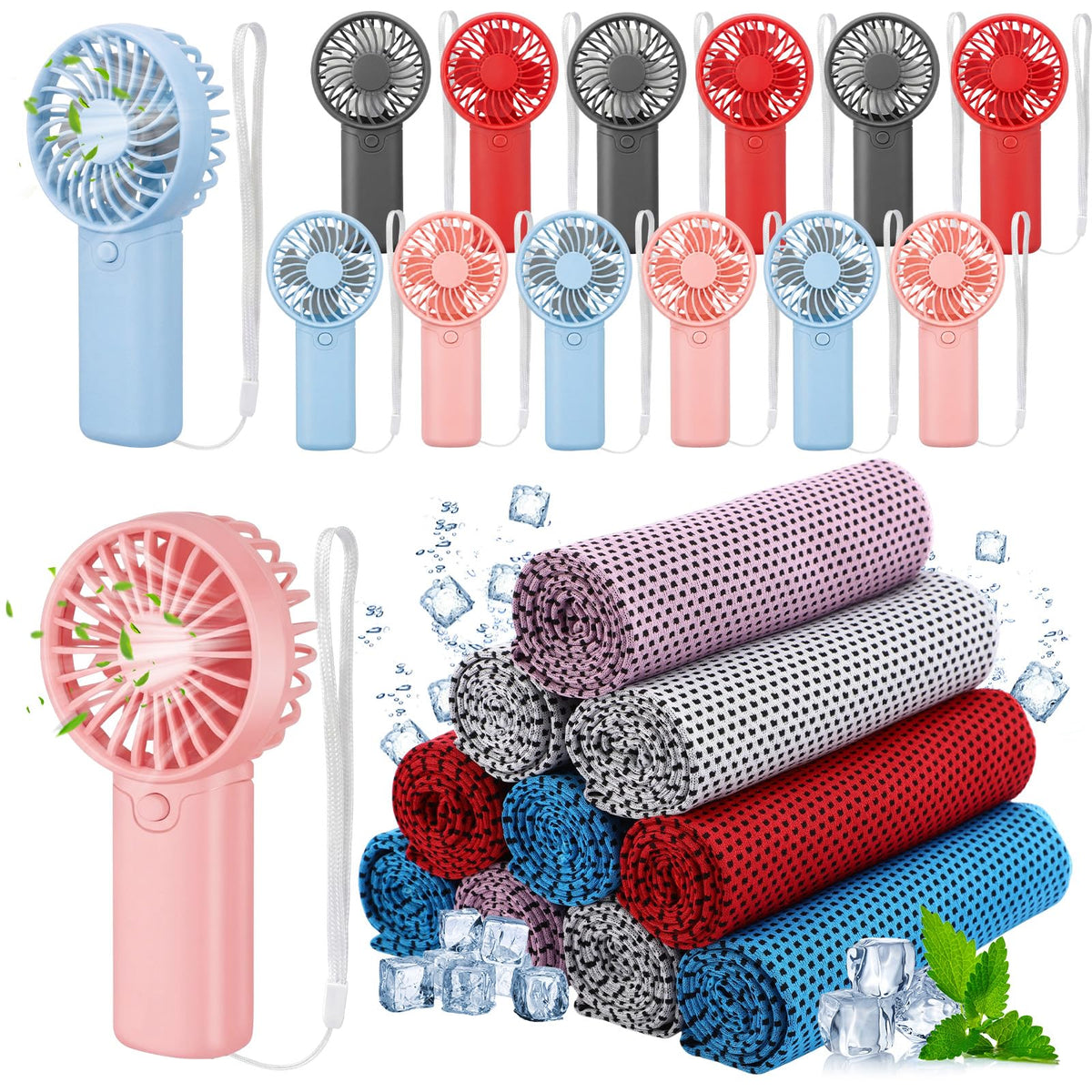 Retisee 24 Pcs Cooling Towel Mini Portable Fan Set 32 x 12 Inch Ice Towel Chilly Handheld Battery Powered Fan Cooling Sport Gifts for Travel Makeup Yoga Camping Running Summer(Fresh,Multicolor)