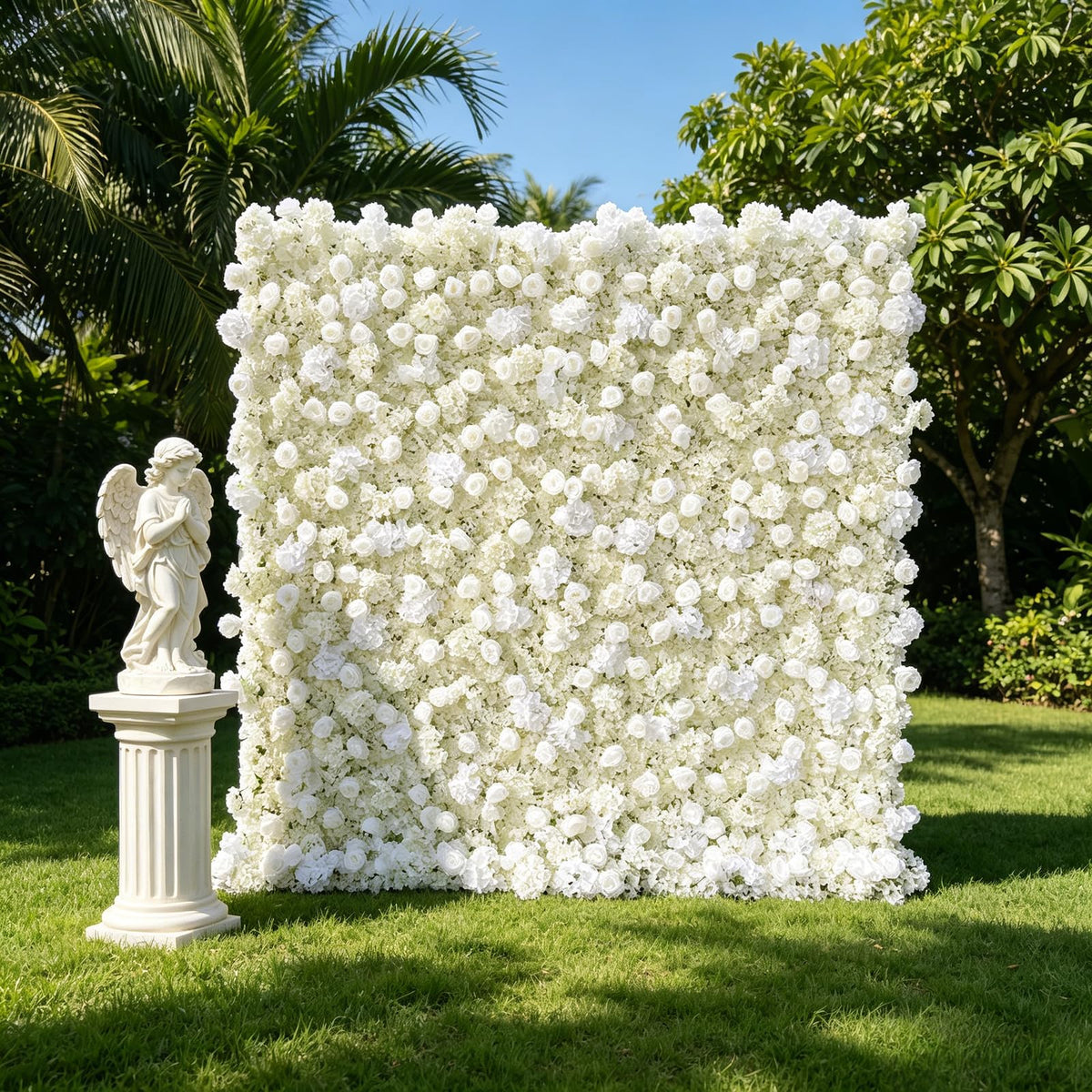 5D Artificial White Realistic Rose wall Backdrop, 8×8ft,Artificial Flower wall Panel. Easy to Install and Store, Reusable. Perfect for Weddings, Birthday Parties, and Home Decoration. with Stand