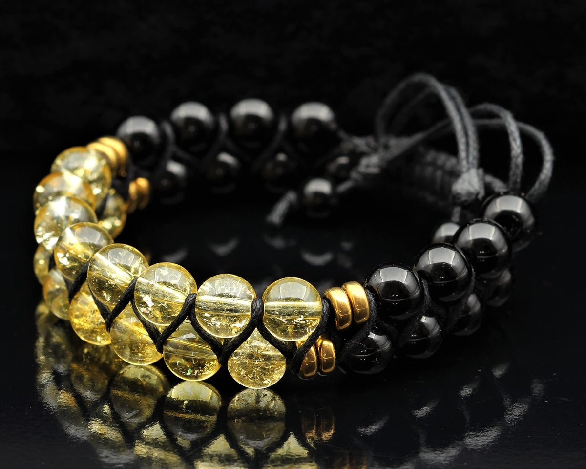 Natural Citrine Double Row Bracelet for Men & Women | Handmade 8mm Citrine Black Onyx Macrame Bead Bracelet | Adjustable Waxed Cord | Sagittarius Zodiac Chakra Jewelry Gift