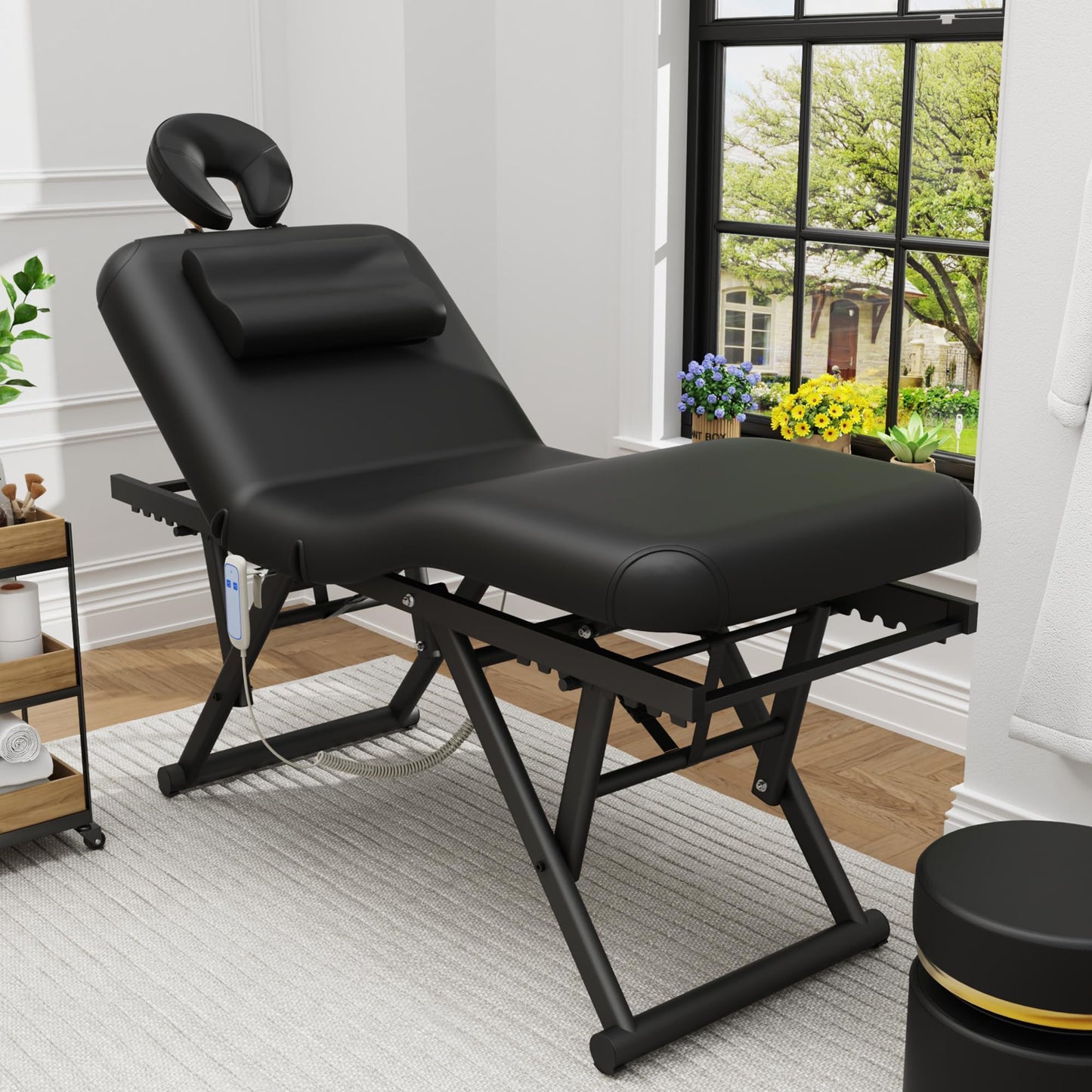 pouseayar Adjustable Massage Table with Face Pillow & Headrest, Sturdy and Solid, Silent and Easy to Adjust - Adjustable Backrest, Electric Leg Lifting, Black