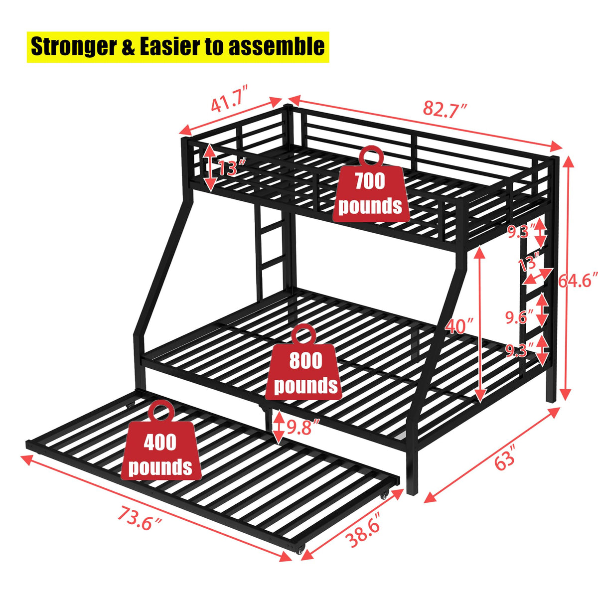 NOAHLEO Stronger & Safer Heavy Duty Metal Twin XL Over Queen Size Bunk Bed with Twin Trundle for Adults Teens, More Stable Thickened Steel Bunkbed (Twin XL Over Queen with Twin Trundle)