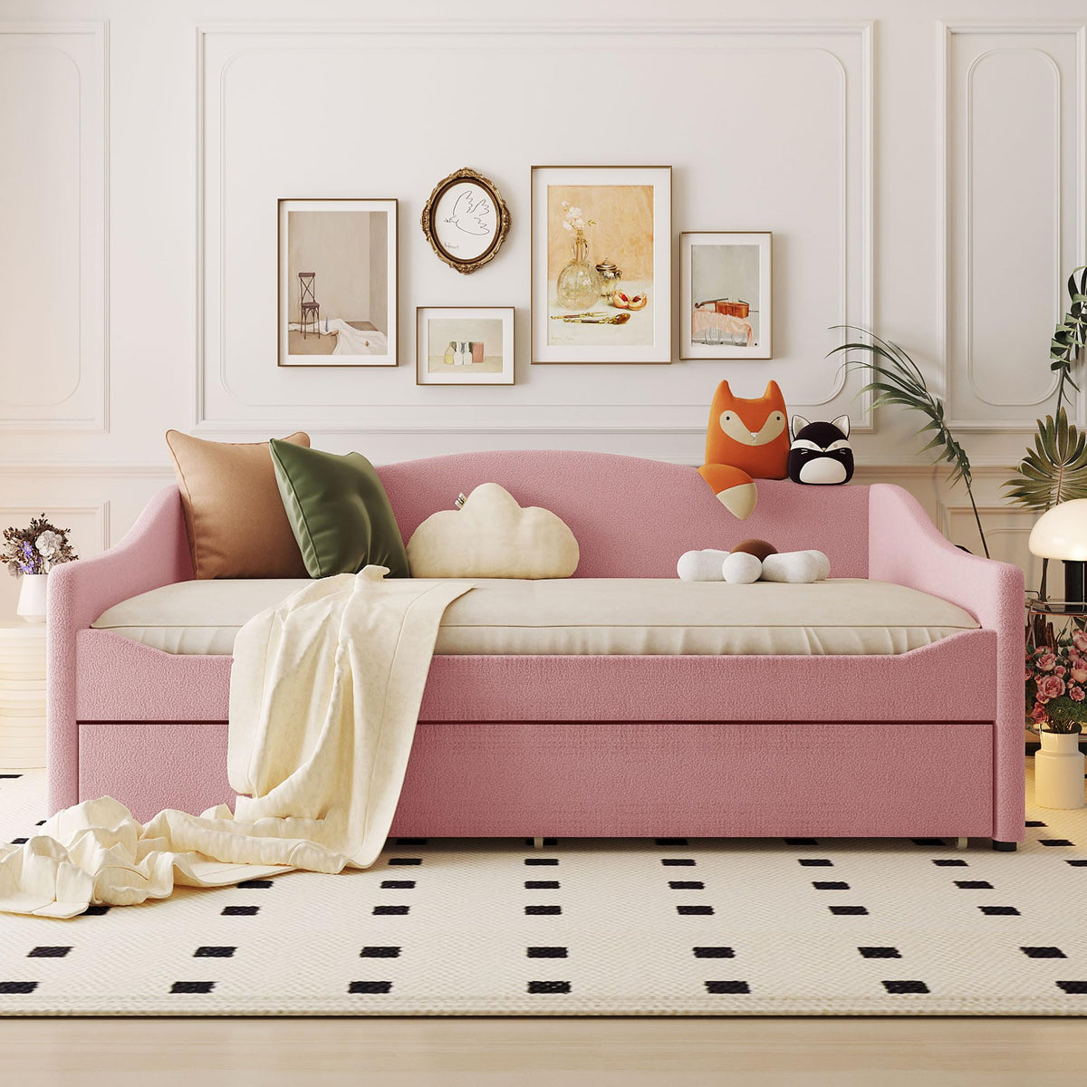 Acosure Teddy Fleece Full Size Upholstered Daybed with LED Light and Trundle,Modern Wood Platform Bed W/Side Stripes,Easy Assembly,for Bedroom,Living Room,Guestroom,Beige