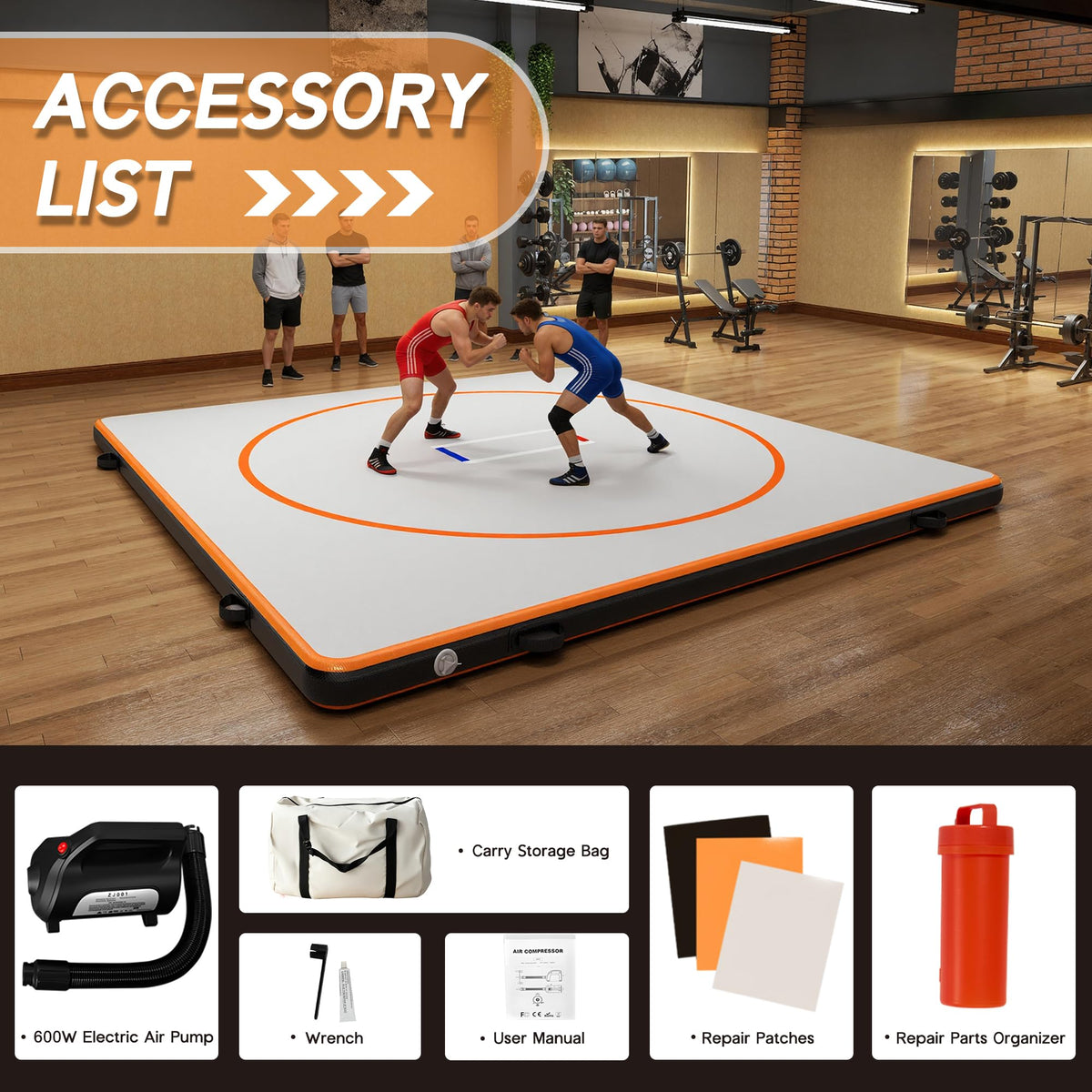 Specraft 10x10 FT Inflatable Wrestling Mat 4" Thick PVC Orange/Gray Waterproof Jiu Jitsu Mats for Jiu Jitsu, BJJ, MMA, Grappling & Water Yoga, Indoor/Outdoor, Includes Dust Bag & Repair Kit