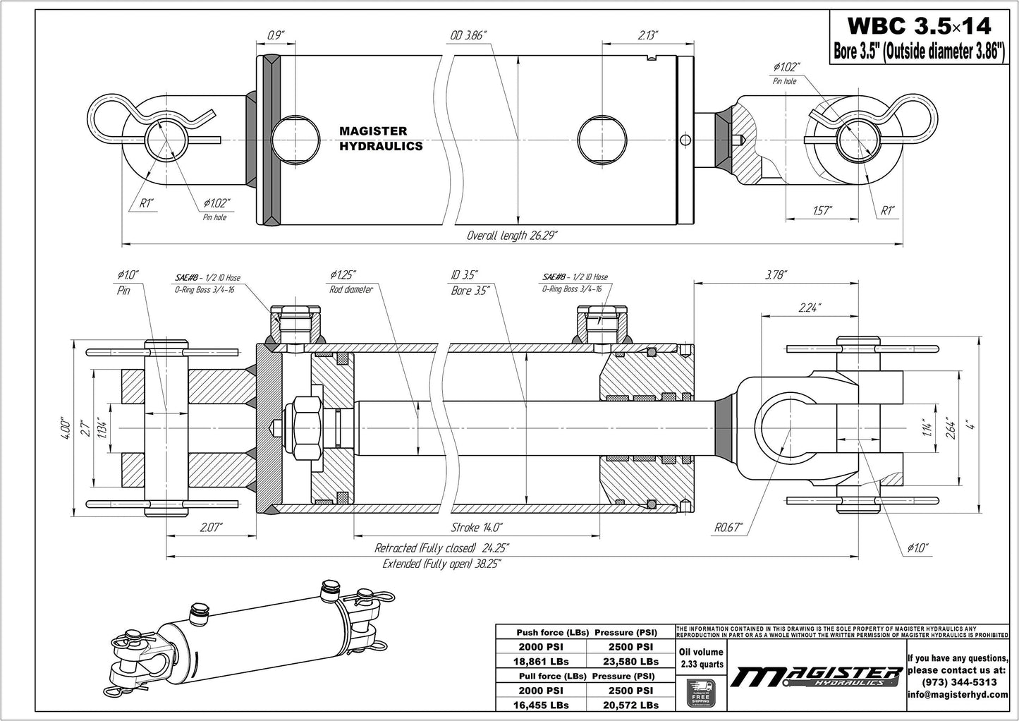 Magister Hydraulics Double Acting Hydraulic Cylinder - AG Clevis Hydraulic Cylinder 2500 PSI tie-Rod Alternative 3.5" bore 14" Stroke (3.5x14)