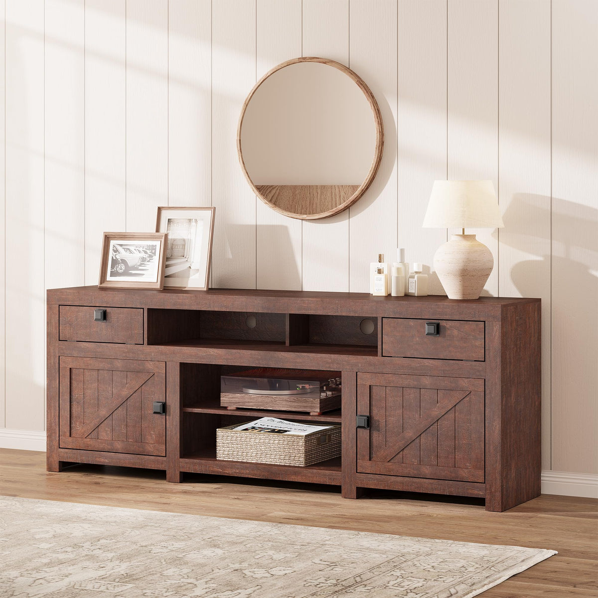 Farmhouse TV Stand for 75/80 Inch TVs, Long Entertainment Center with 4 Storage Drawers & 3 Open Shelf, Television Consoles Stands for Living Room, Bedroom