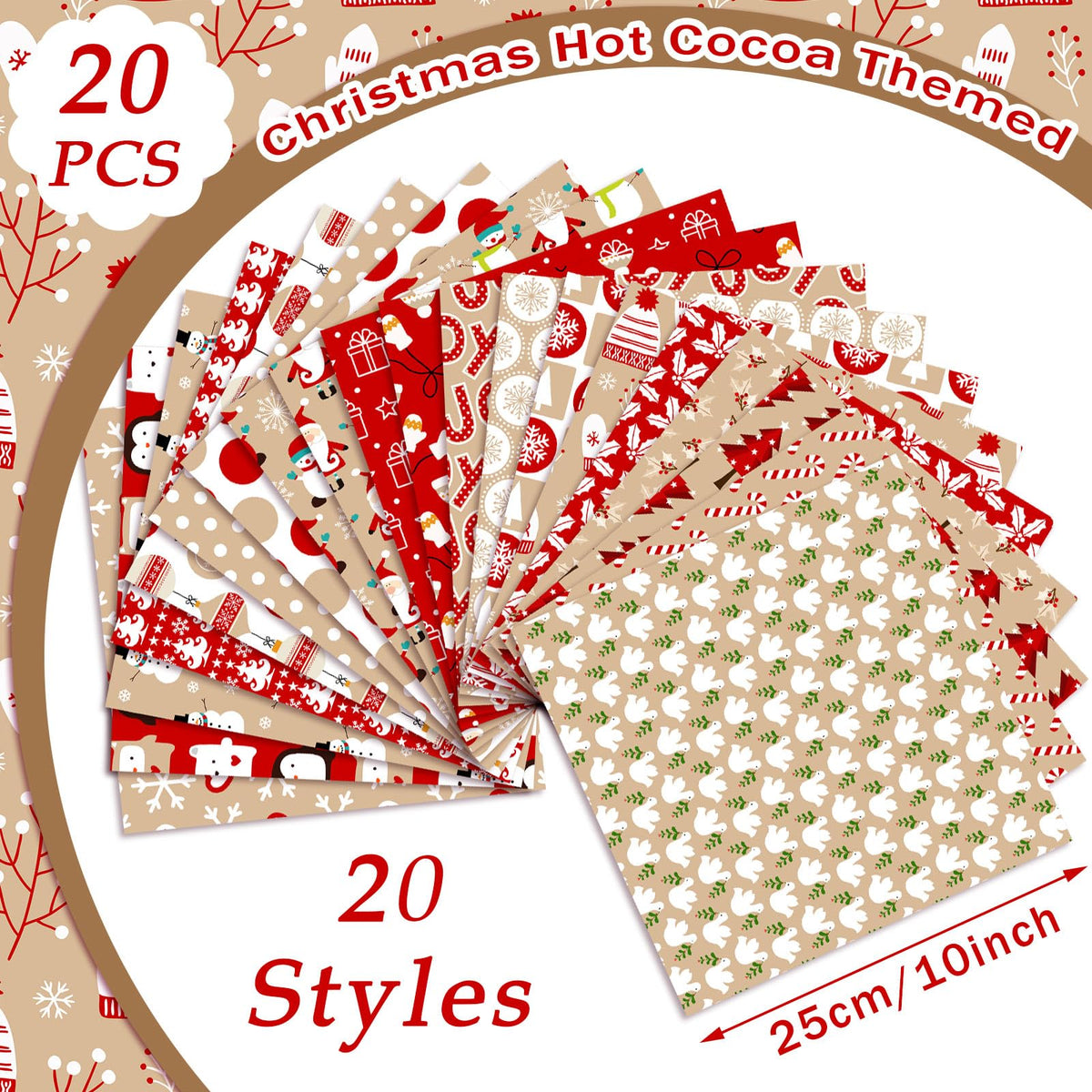 HunnmingRe 20 Pcs 10''x10'' Christmas Hot Cocoa Quilting Fabric Square Santa Snowflake Precut Quilted Fabric Bundle Candy Cane Snowman Printed Sewing Material for Winter Patchwork DIY Craft Supplies