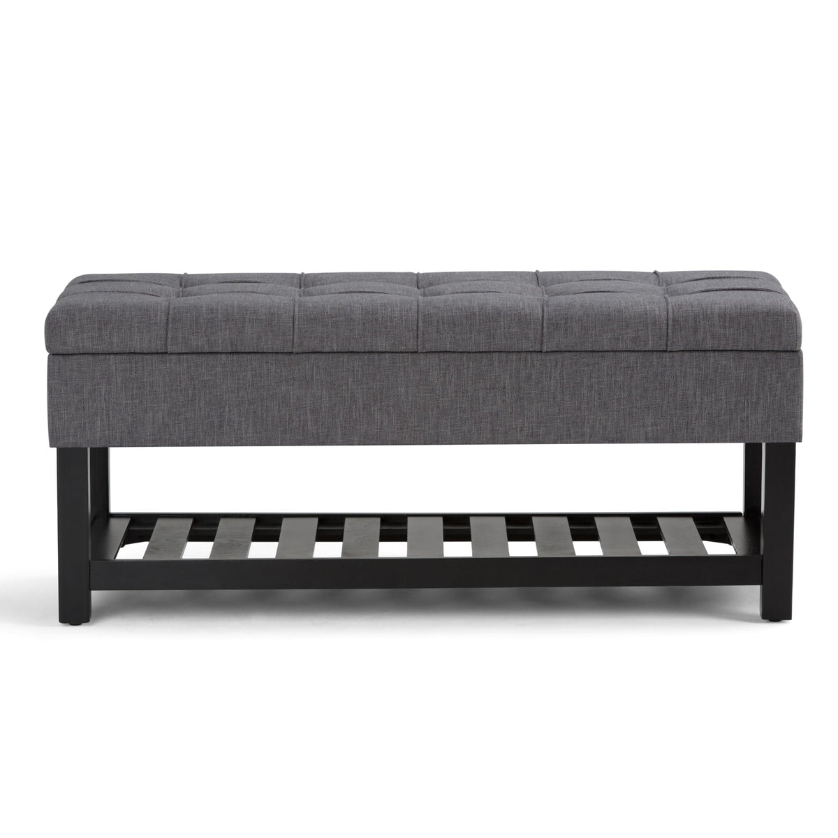 SIMPLIHOME Saxon Storage Ottoman Bench - 43 inch Wide Upholstered Linen Look Fabric Rectangle Storage Ottoman in Slate Grey, Transitional Bench for Bedroom with Tufted Lift-Top and Open Bottom Shelf