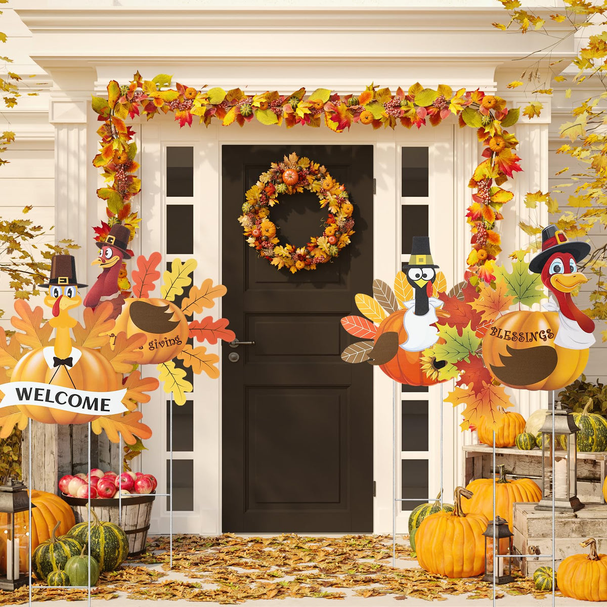 Sosation 4 Pack Thanksgiving Outdoor Decorations, Metal Turkey Yard Stakes with Pumpkin and Welcome Signs, Fall Harvest Thanksgiving Yard Decorations for Lawn, Garden, Porch, Pathway, Patio