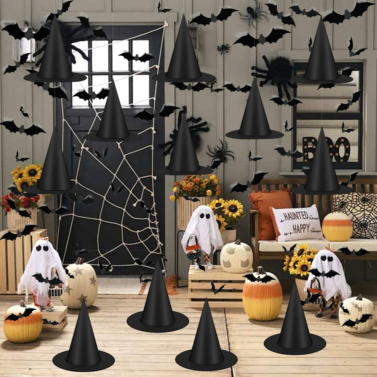 Famoby 12pcs Halloween Black Witch Hat with 157 FT Nylon Cord &120pcs Bat Sticker for Indoor Outdoor Home Yard Porch Ceiling Halloween Party Decorations