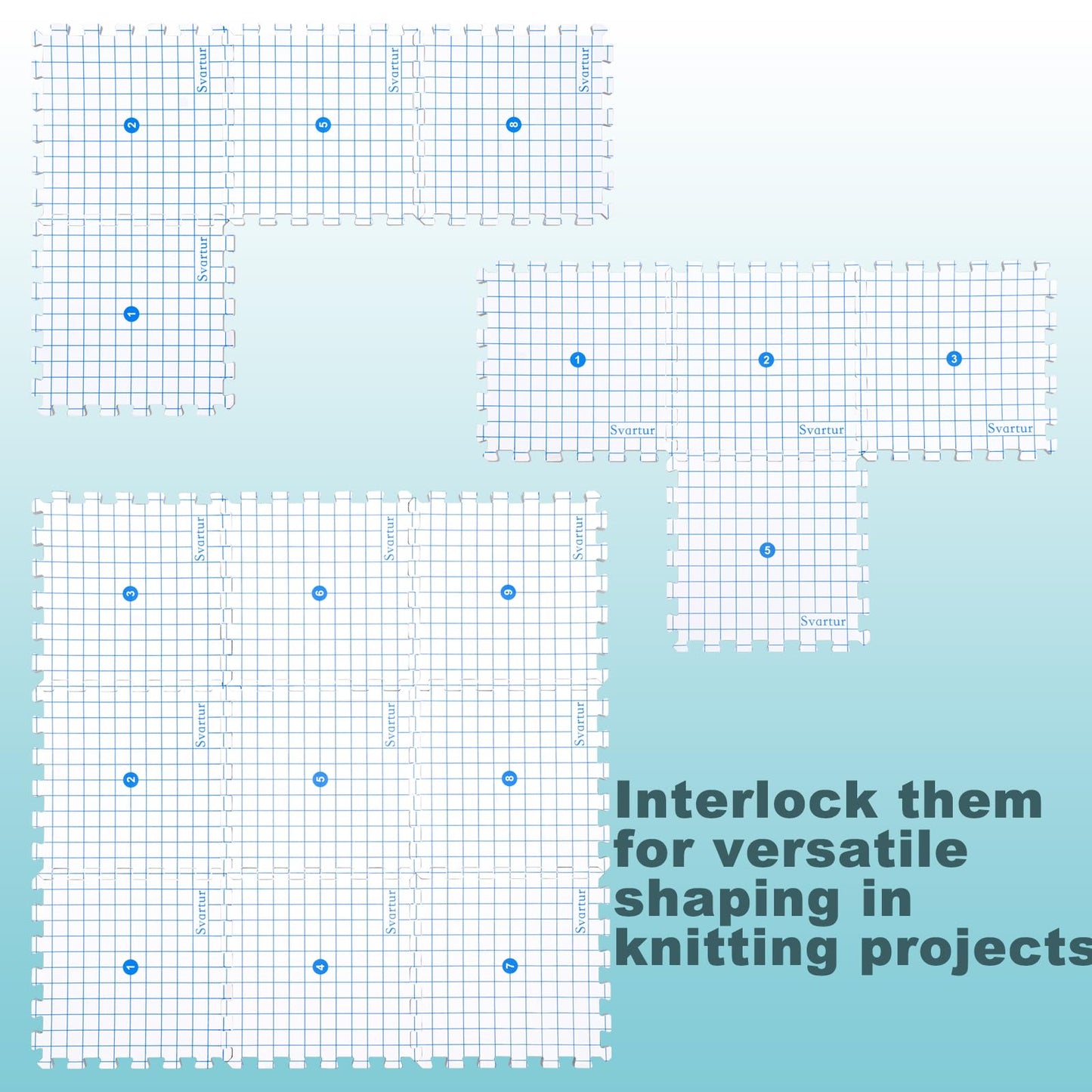 Svartur Interlocking Blocking Mat for Knitting and Crochet Projects, 9 Pack Knitting Blocking Mats with Blocking Comb Pins, T-pins, Crochet Blocking Board, Knitting Mat with Grid Line, Storage Bag