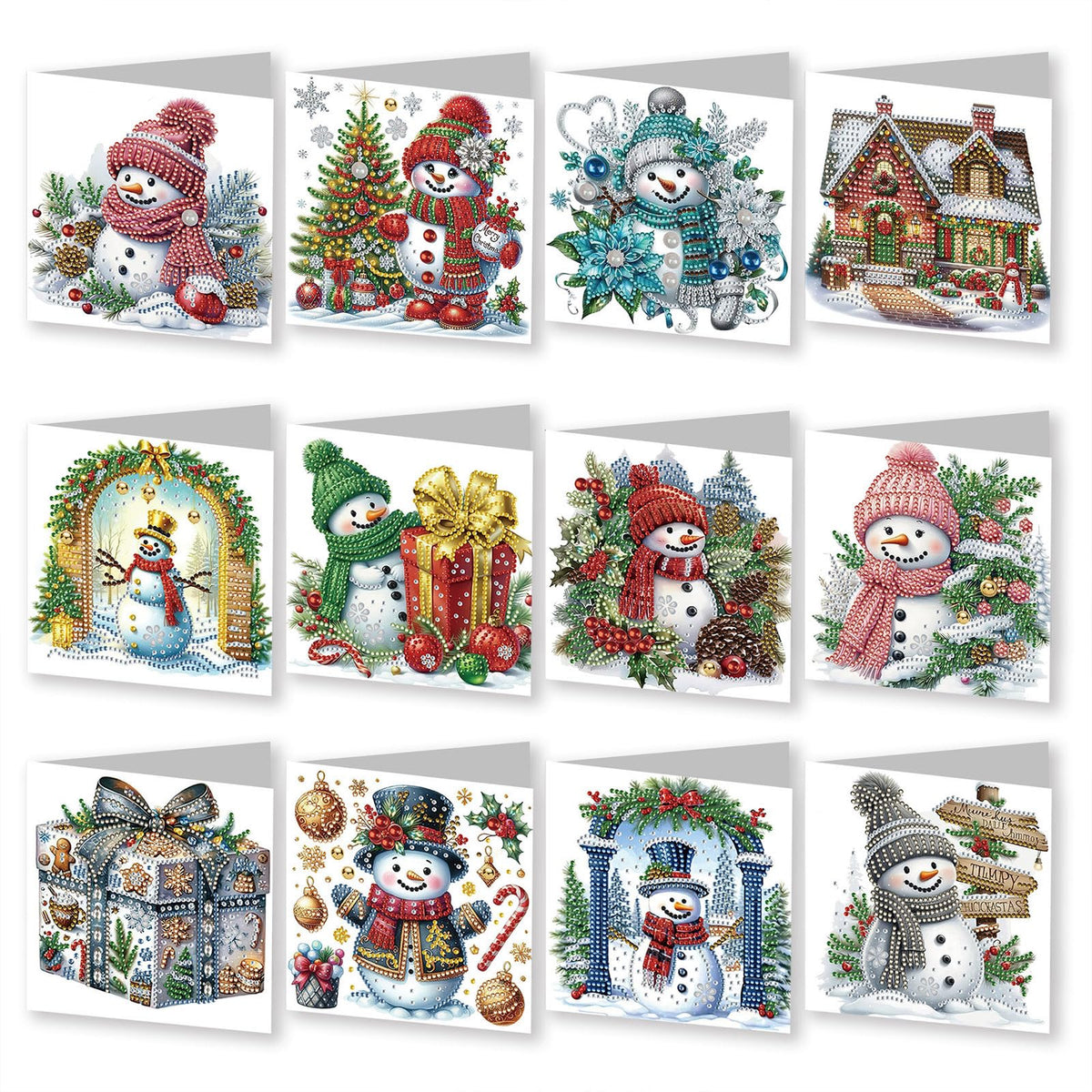 YOKUSHI 12 PCS Diamond Art Painting Christmas Greeting Cards with Envelopes, Snowman Craft DIY Card Making Kits for Adults Gifts (White)