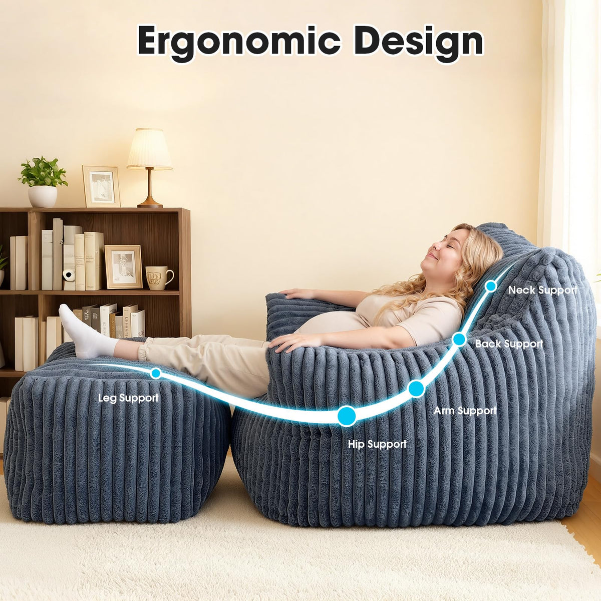 HarborHue Giant Bean Bag Chair with Ottoman, Oversized Memory Foam Bean Bag Sofa for Adults and Kids, Large Comfy Fluffy Single Lounges Mini Couch for Living Room, Bedroom & Dorm(Gray)