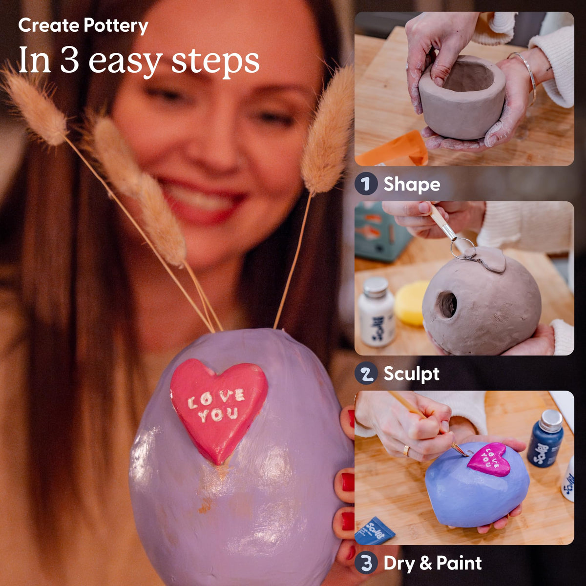 Sculpd - The Original Pottery Kit for Adults - Air Dry Clay for Adults, Tools, Varnish, Paints, Brushes, Couples Date Night Arts & Crafts Set, Gloss Varnish