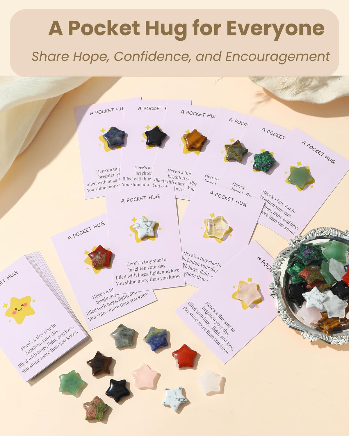 QianCannaor Pocket Hug Cards Bulk Crystal Stone Gift Set - 30Pcs Natural Star-Shaped, Mini Thoughtful Gifts for Friends, Coworkers & Family – Bulk Valentines Day Gifts for Adults, Ladies, College Students, Friends - Thinking of You Anxiety Relief Keepsake