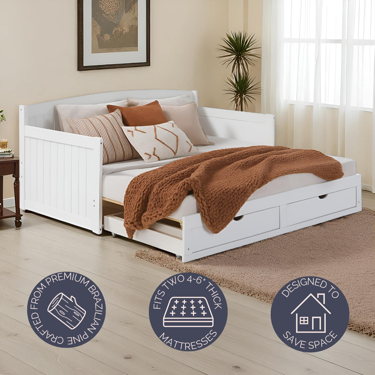 Alaterre Furniture Harmony Twin to King Daybed with Pop Up Trundle Bed - Solid Wood Twin Day Bed with 2 Pull-Out Storage Drawers and 400lb Capacity - For Kids, Guest Room, Living Room (White)