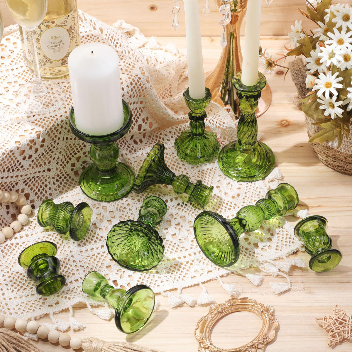 Mumufy 10 Pcs Glass Crystal Taper Candle Holders Clear Glass Candlestick Holder Fit 0.8 Inch Candles Crystal Decorative Candle Stand Centerpiece Table Wedding Dining Party (Classic,Green)