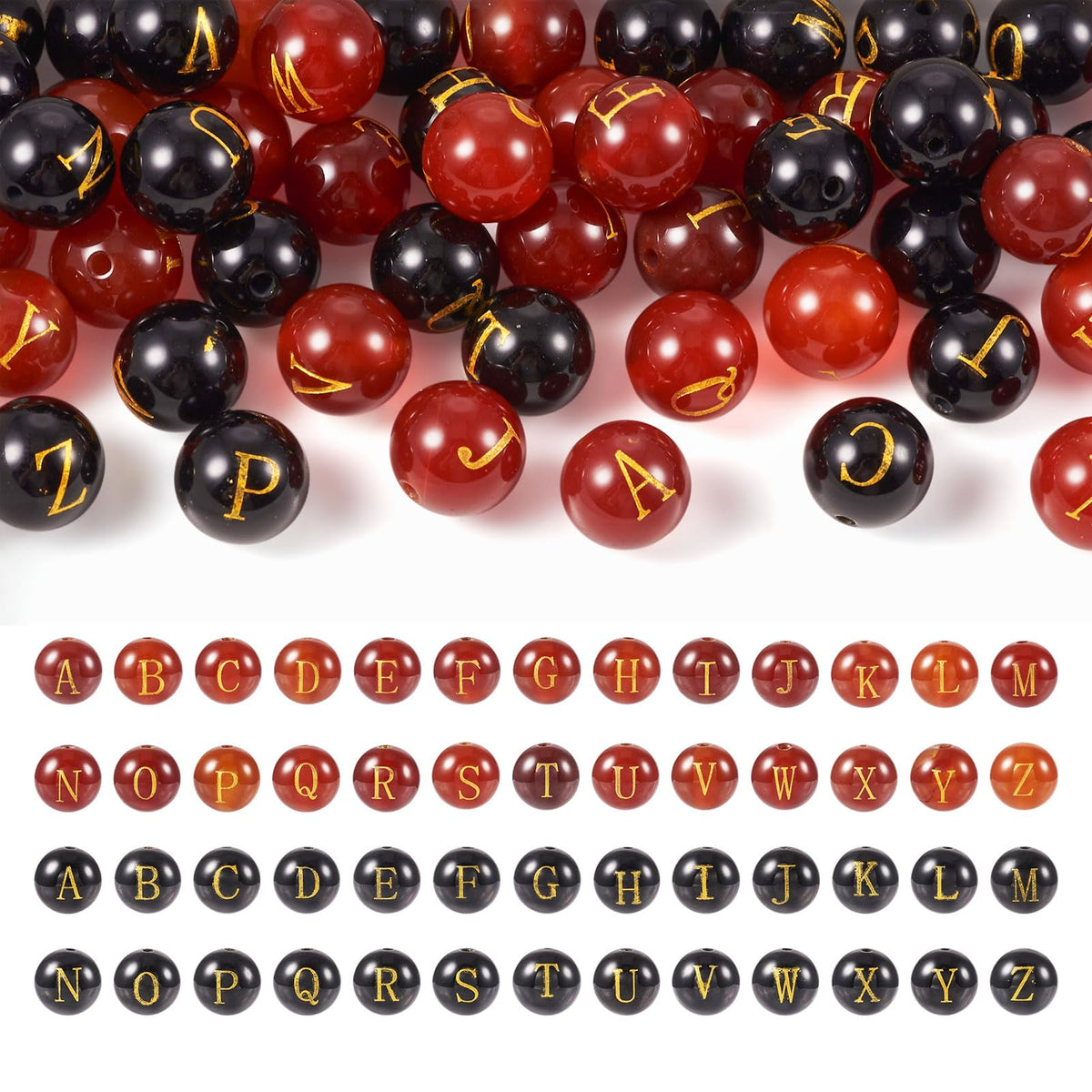 52Pcs 10mm Natural Agate Gemstone Beads A~Z Letter Beads Black Red Agate Stone Bead Natural Round Gemstone Alphabet Bead for DIY Name Bracelet Jewelry Making