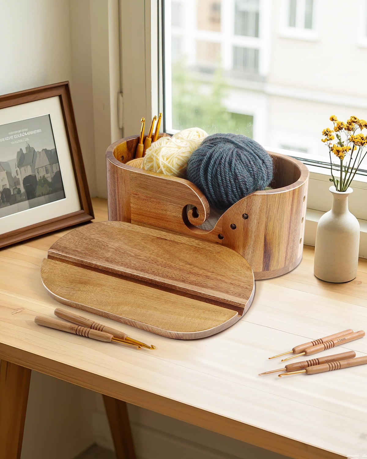 Oval Yarn Bowl, Crochet Yarn Holder with 9pcs Knitting Hooks, Yarn Storage Crochet Bowl Knitting Gift for Crocheters, Large Yarn Bowl Acacia Wooden 11.3x5.9x4.7inch (Acacia Yarn Bowl with Lid)