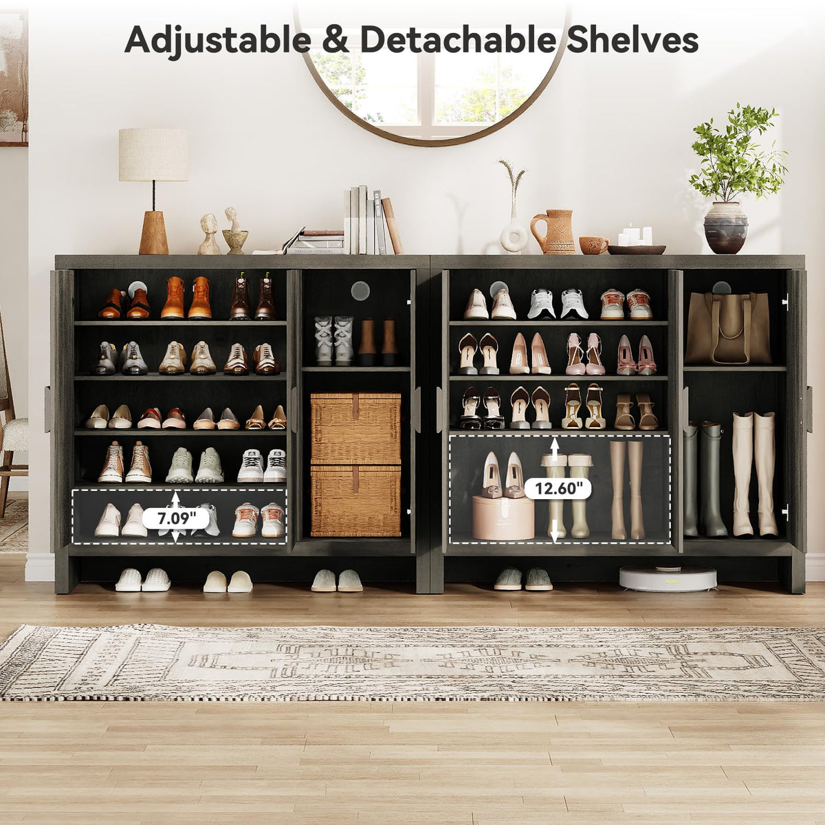 ONBRILL Shoe Cabinet with 3 Doors, 30 Pairs Shoe Storage Cabinet with Adjustable Shelves & Ventilation Hole Design, 47'' Wide Shoe Rack Shoe Organizer Cabinet for Entryway Living Room (Black Smoky)