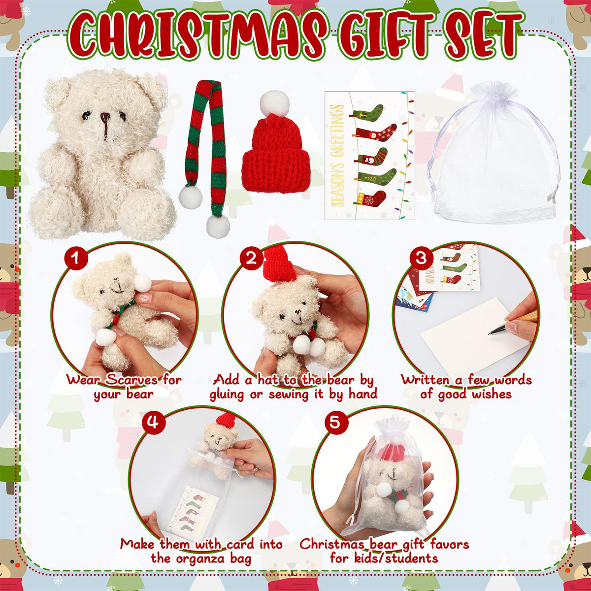 Poen 24 Set Christmas Gift 4 Inch Mini Christmas Stuffed Plush Bear with Santa Hat Scarf Cards Organza Bags Xmas Small Bear Toy Set for Holiday Party Favor(Cute Style)