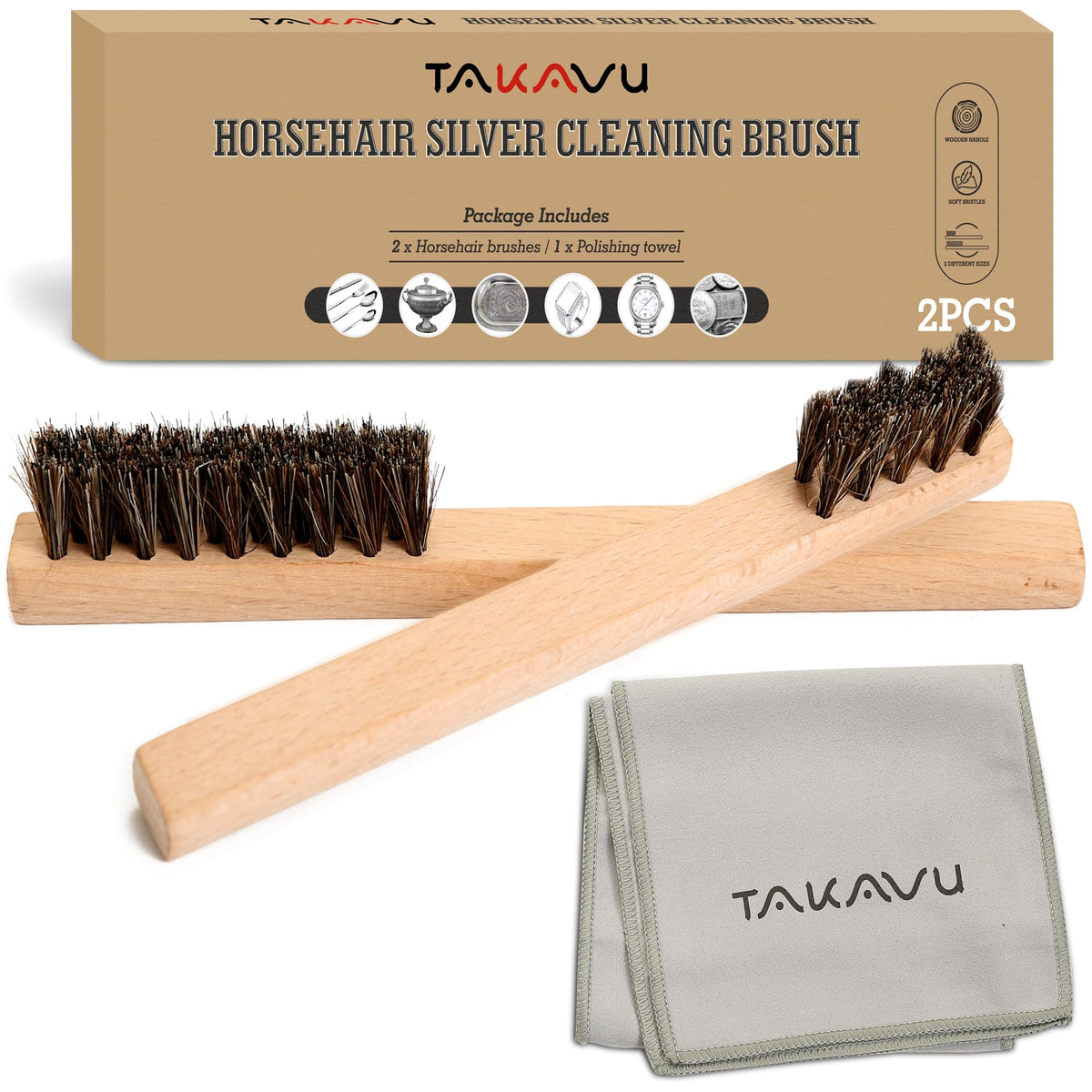 Horsehair Detail Brush Set 2pcs Silver Cleaning Brushes & Polish Cloth Perfect for Detailing, Polish Work, Fine and Heirloom Silverware Plateware Jewelry, Ultimate Solution for a Gleaming Finish