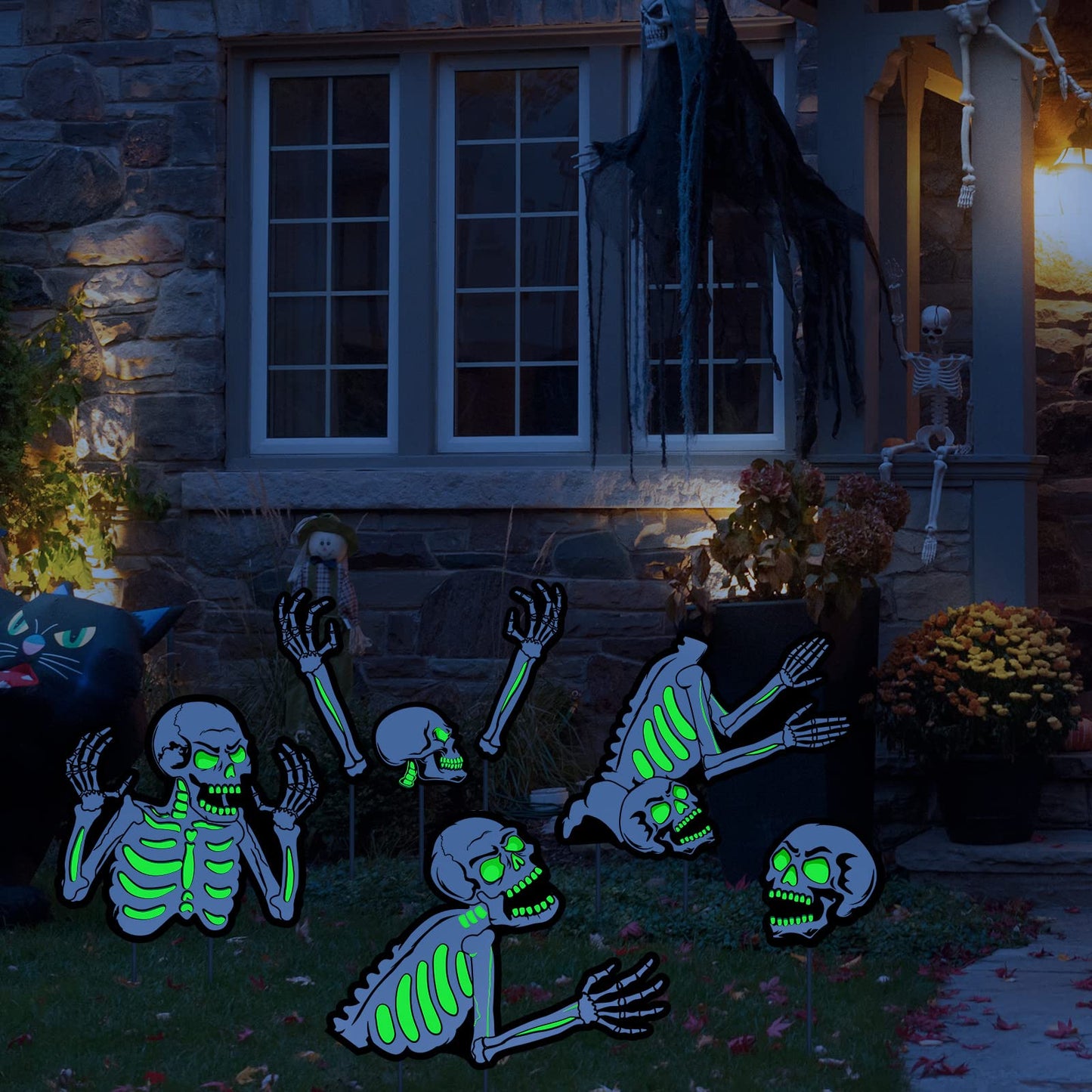 Capoda 5 Pieces Halloween Yard Signs Outdoor Decorations Fluorescent Halloween Skeleton Garden Sign with Stakes Reflective Skeleton Lawn Stake for Garden Lawn Yard Decor Supplies