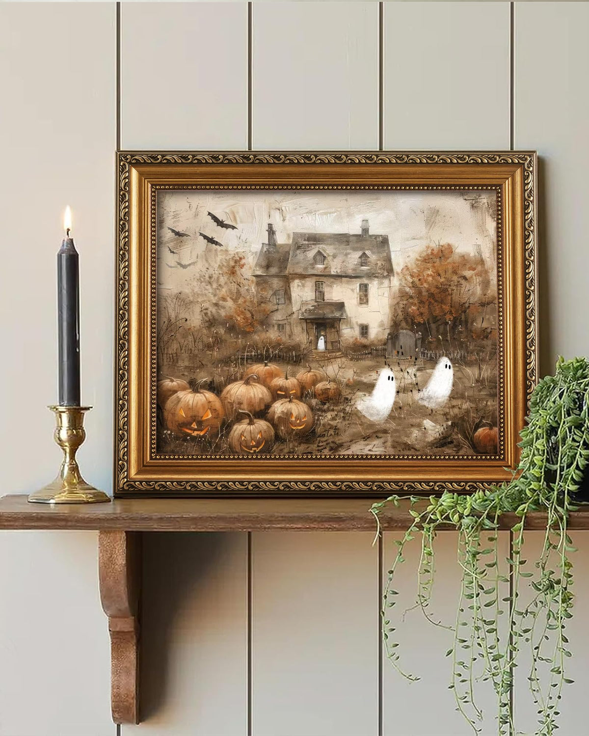 Vodefoad Retro Detachable Gold Framed Wall Art for Home Decor Halloween Pumpkins with Cute Ghost Farmhouse Gold Framed Wall Decor Prints Halloween Gothic Dark Academia Painting Picture for Kitchen, Gallery, Bathroom Wall decor - 8x10Inch