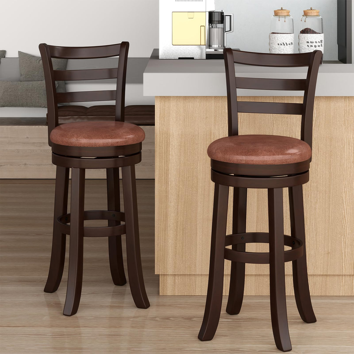 Giantex Swivel Bar Stools Set of 4, 30" Upholstered Counter Height Bar Chairs w/High Backrest, Faux Leather Seat, Solid Rubber Frame & Wrap-Around Footrest, Wooden Barstools for Kitchen Island, Pub