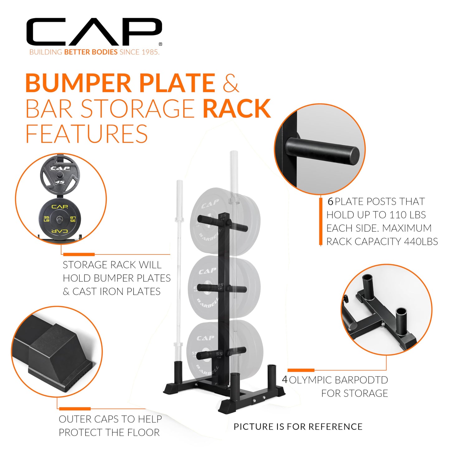 CAP Barbell 370 lb Economy Olympic Plate Set with Traditional Plate Rack & Barbell Storage | 6 Weight Posts + 4 Barbell Holders