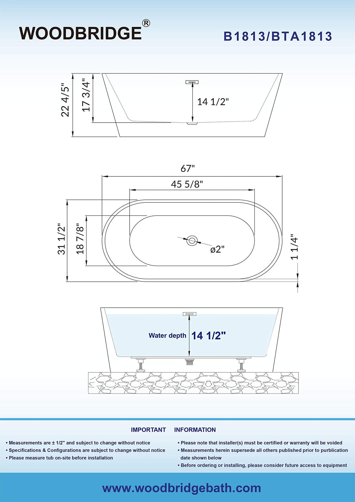 WOODBRIDGE 67" Freestanding Acylic Soaking Bathtub with White, Drain and Overflow in Matte, BTA1813-MB-Drain &O, Matte Black