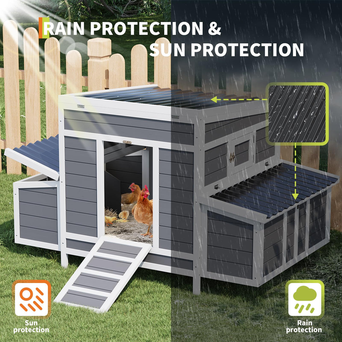 Large Wooden Chicken Coop,Wooden Hen House for 4-6 Chickens – Outdoor Poultry & Rabbit Cage with 6 Nesting Boxes, No-Slip Ramp, Pull-Out Tray, Openable Roof & Window