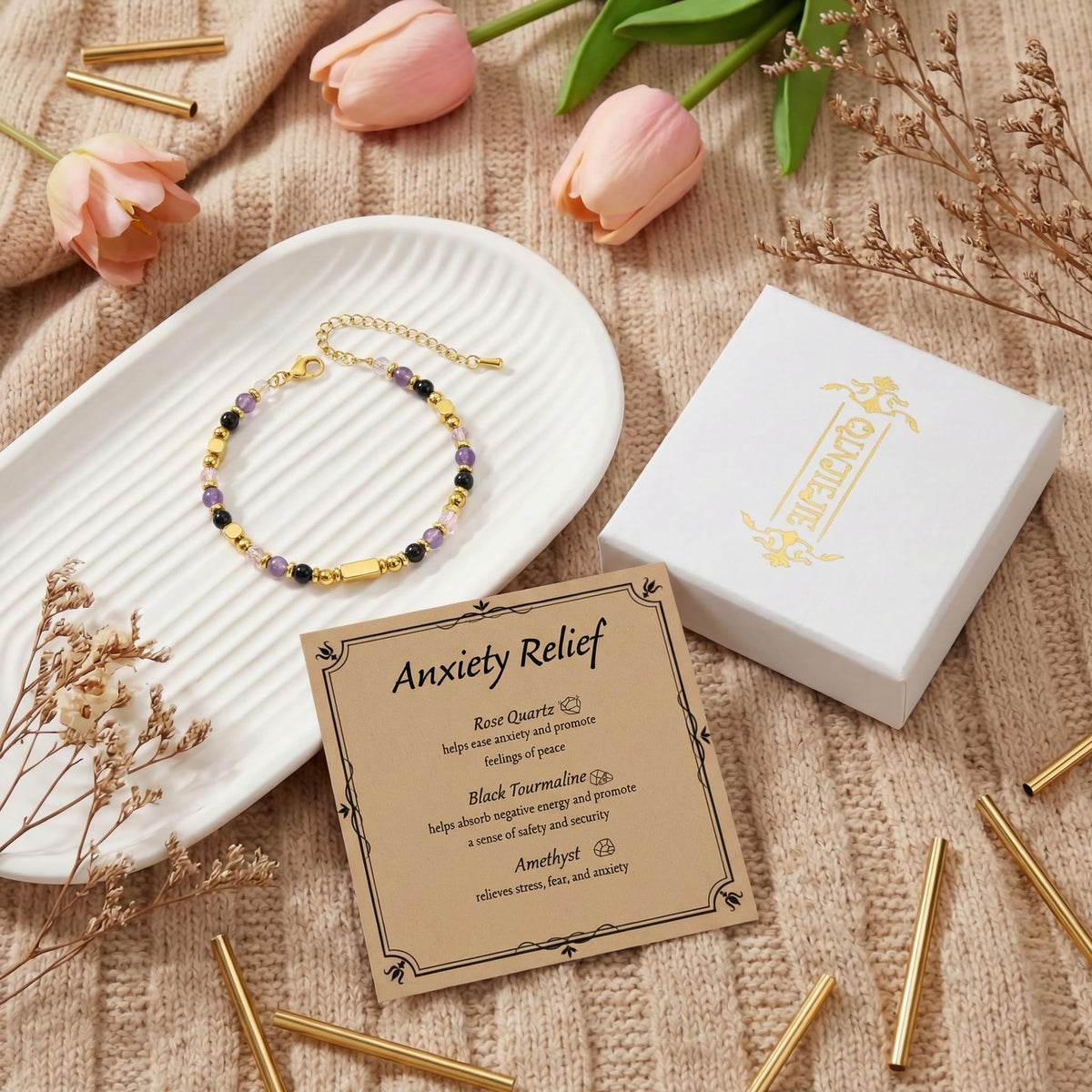 QINJIEJIE Anxiety Relief Bracelet for Women Stress Relief Gifts Healing Crystals Kalm Menopause Bracelets Depression Amethyst Crystal Anti Anxiety Panic Attack Relief Jewelry Crystal Bracelet
