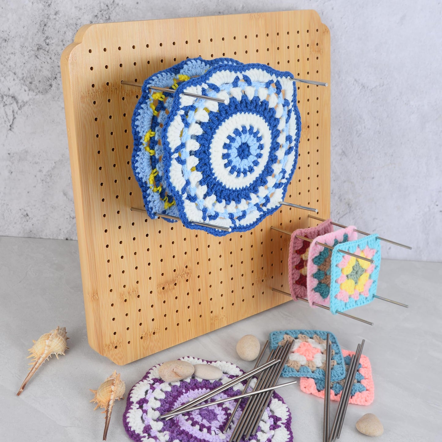 BLELEYLL 13" Crochet Blocking Board with 15 Pegs/Pins,Granny Square Blocking Board,Blocking Boards for Crochet Projects,Wooden Crocheting Accessories Gifts for Crocheters.